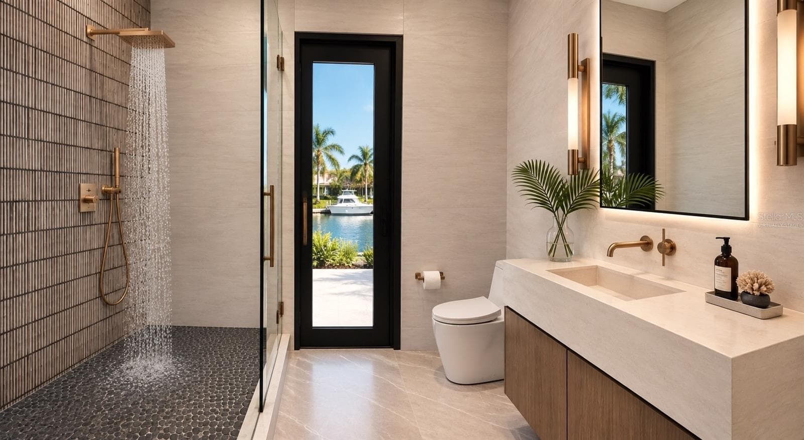 Full bathroom off of the pool deck. Virtually staged. - 3441 GULFMEAD DR, SARASOTA