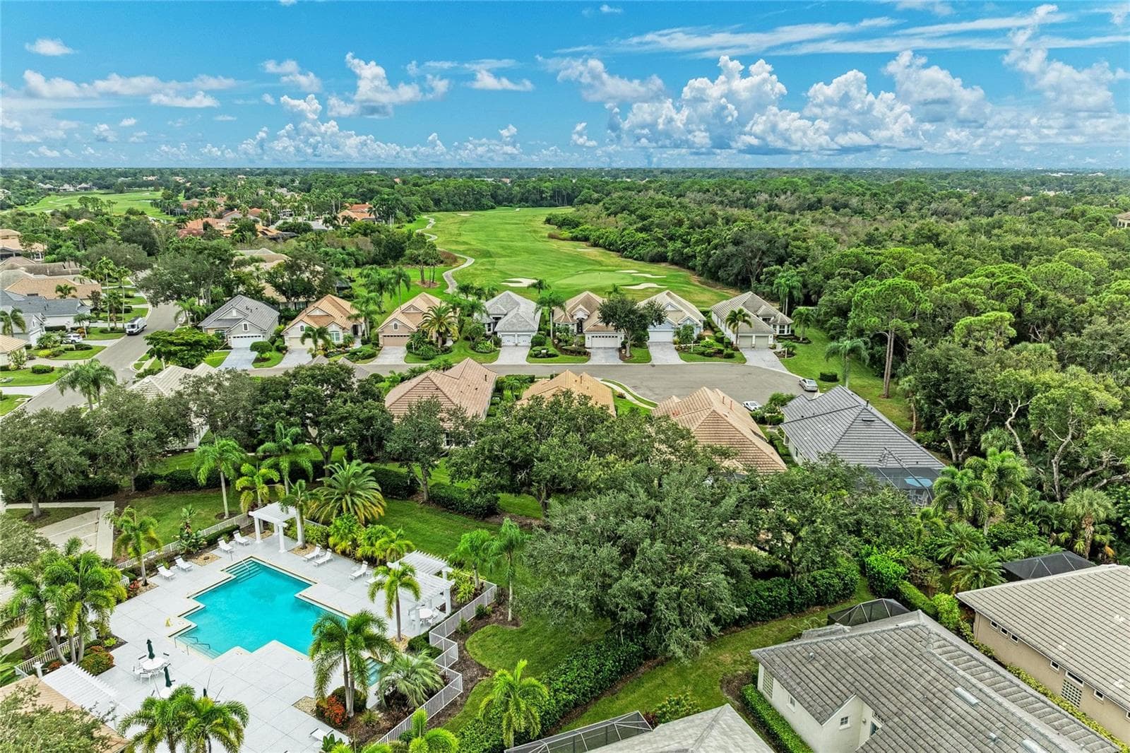 Community pool area with home in the background 3rd from the right - 7816 HERITAGE CLASSIC CT, LAKEWOOD RANCH