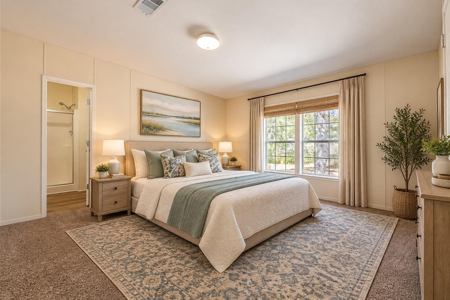 Virtually staged bedroom #3 with its own bath. - 14221 HURRICANE DR, WEEKI WACHEE