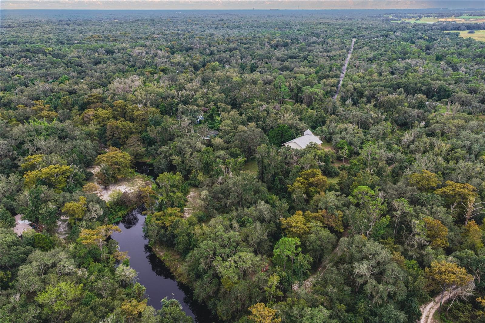 Withlacoochee River abuts the property. Roof top pictured is the subject property. - 5422 CYRIL DR, DADE CITY