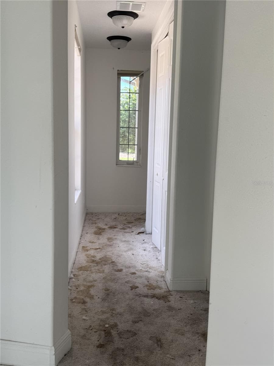 Hallway serving secondary bedrooms and bathroom; extensive carpet staining. - 39539 HARBOR HILLS BLVD, LADY LAKE