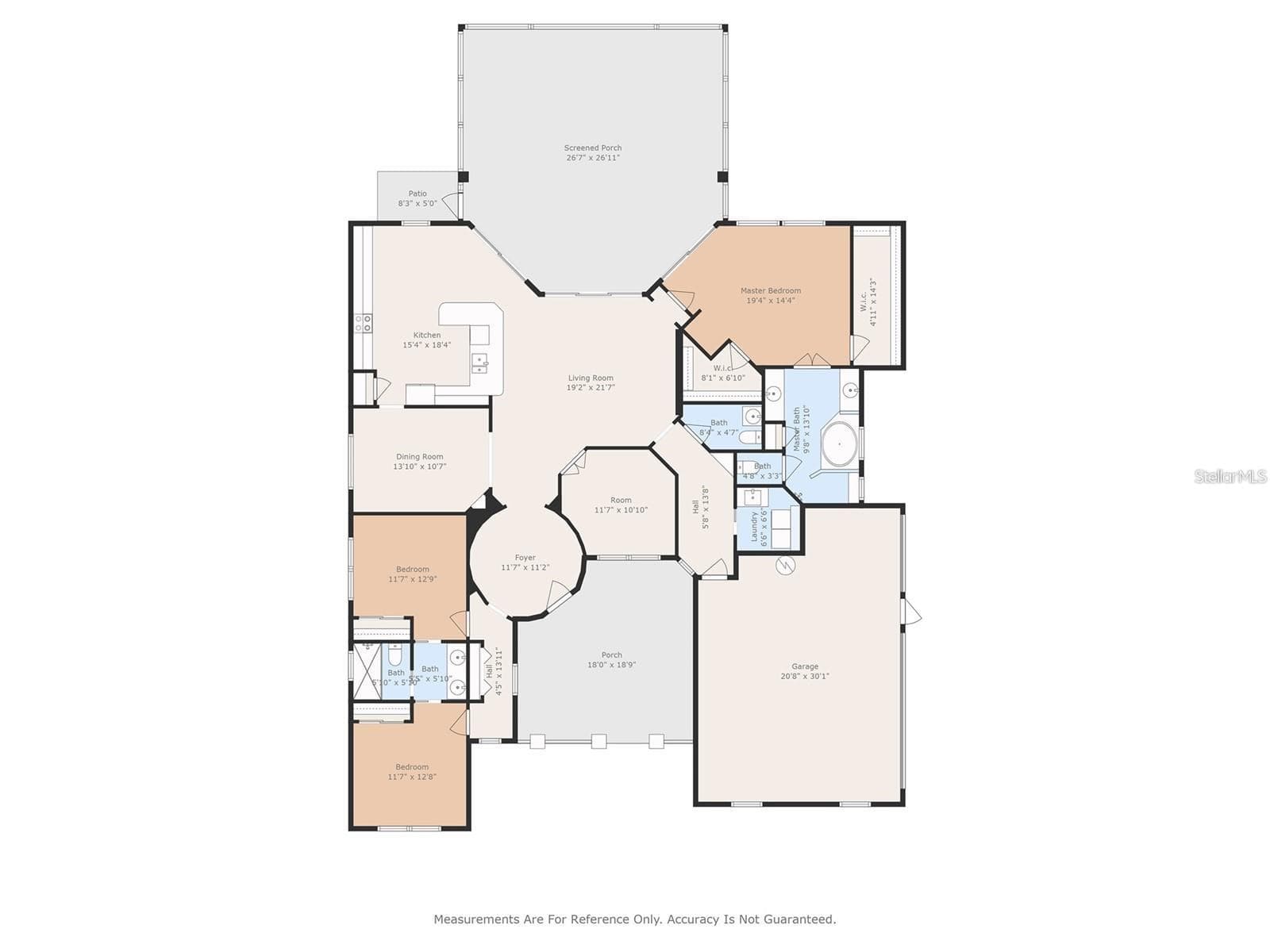 Single-story split-bedroom layout with office, courtyard, attached garage, and screened lanai. Approximate measurements. - 39539 HARBOR HILLS BLVD, LADY LAKE