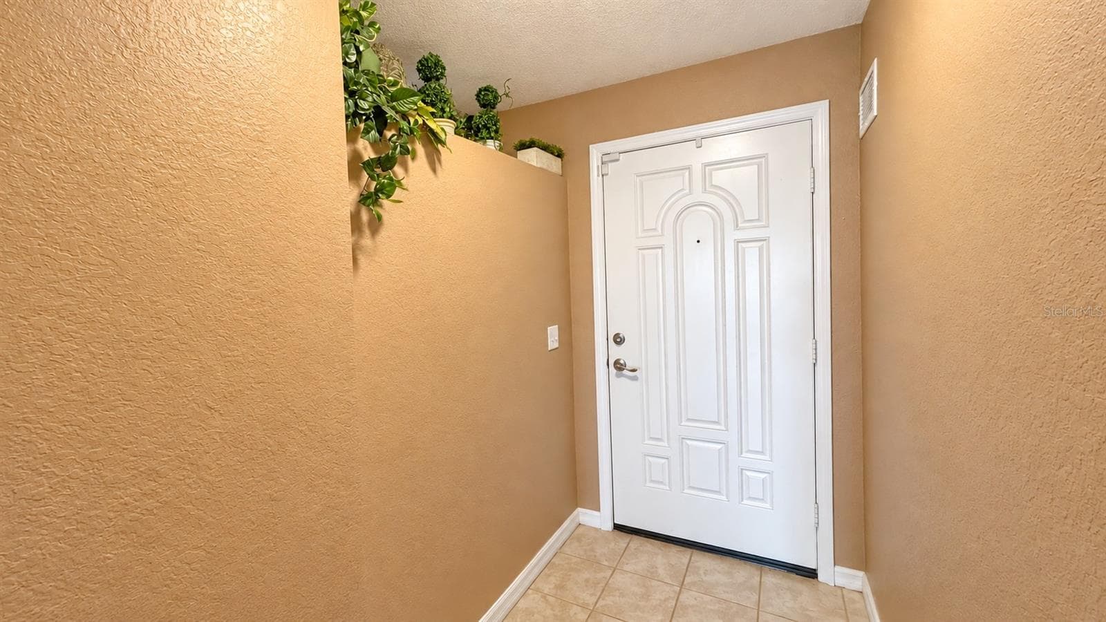 Front door with warm beige interior and accent plant wall - 26397 NADIR RD #103, PUNTA GORDA