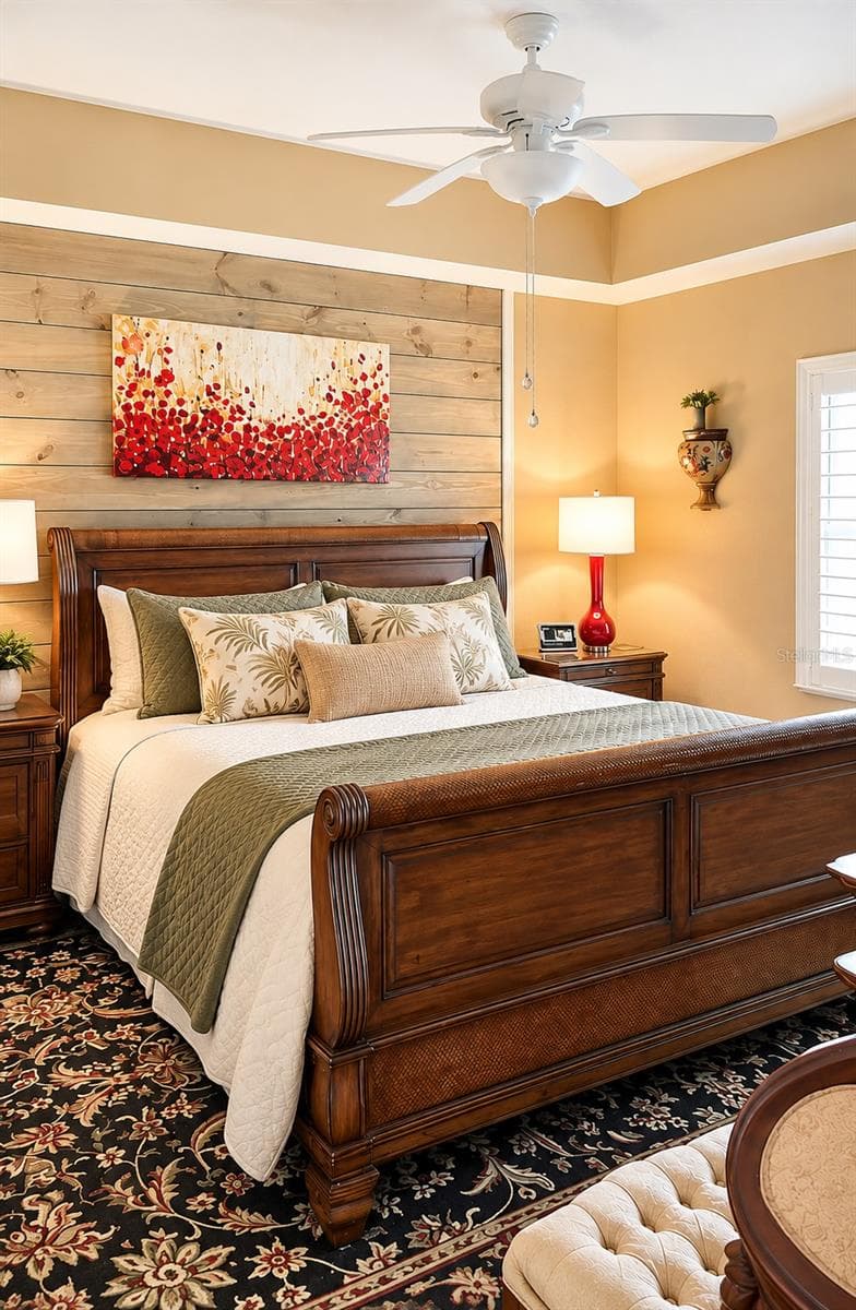 Master bedproom with coastal rustic shiplap accented wall - 26397 NADIR RD #103, PUNTA GORDA
