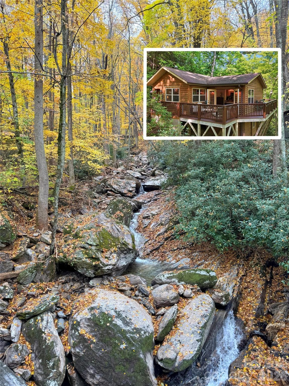 Golden trees frame the rushing creek view from this magical cabin - 500 Winter Star Road, Burnsville