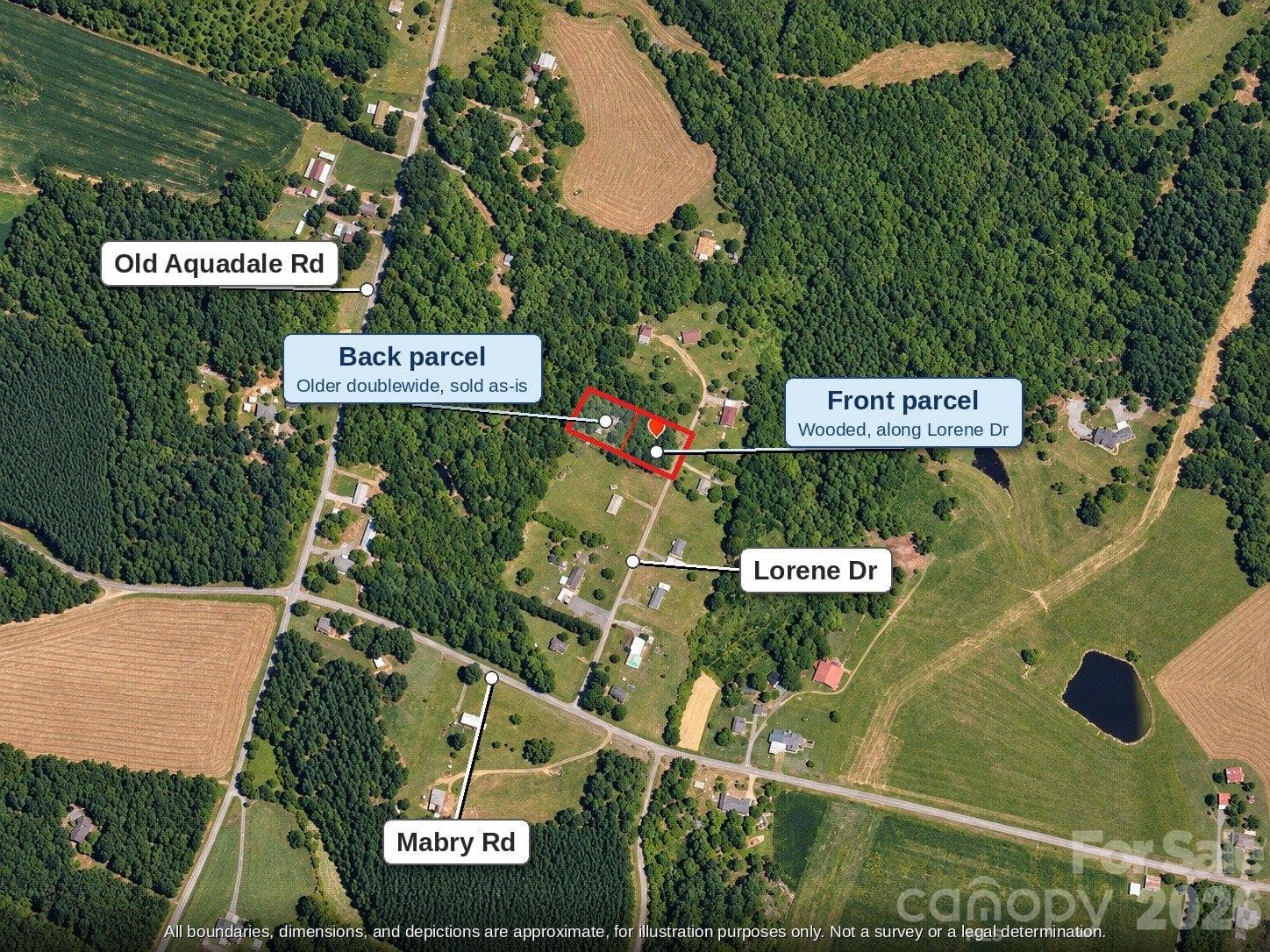 Overhead aerial of the two parcels (front and back) and the roads near Albemarle NC - 99999 Lorene Drive, Albemarle