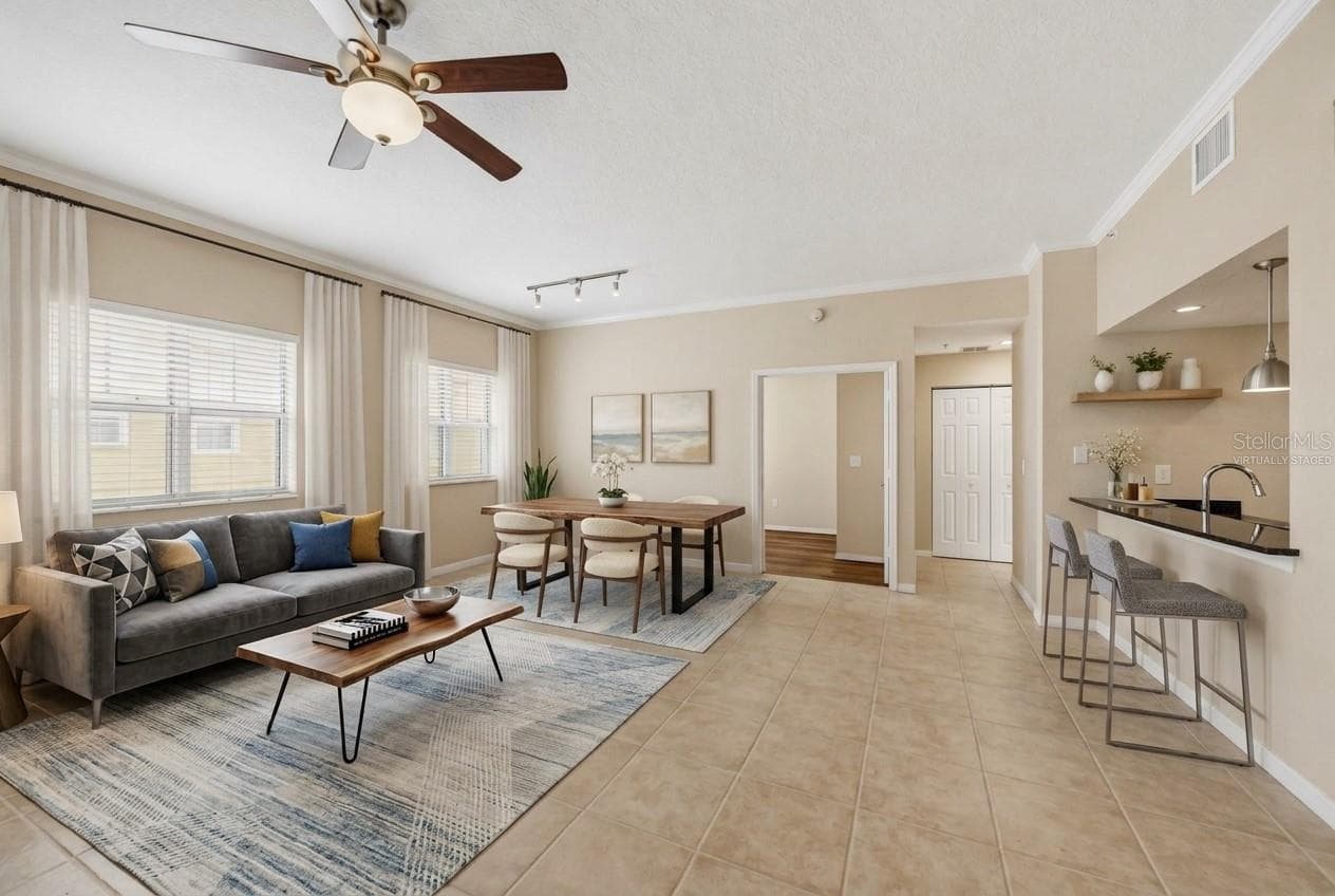 Virtually staged living room - 1064 N TAMIAMI TRL #1406, SARASOTA