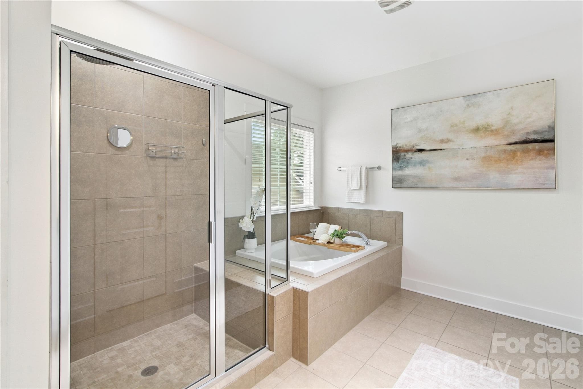 Soaking tub and walk in shower in primary bathroom with rainforest shower head - 11926 Grey Partridge Drive, Charlotte