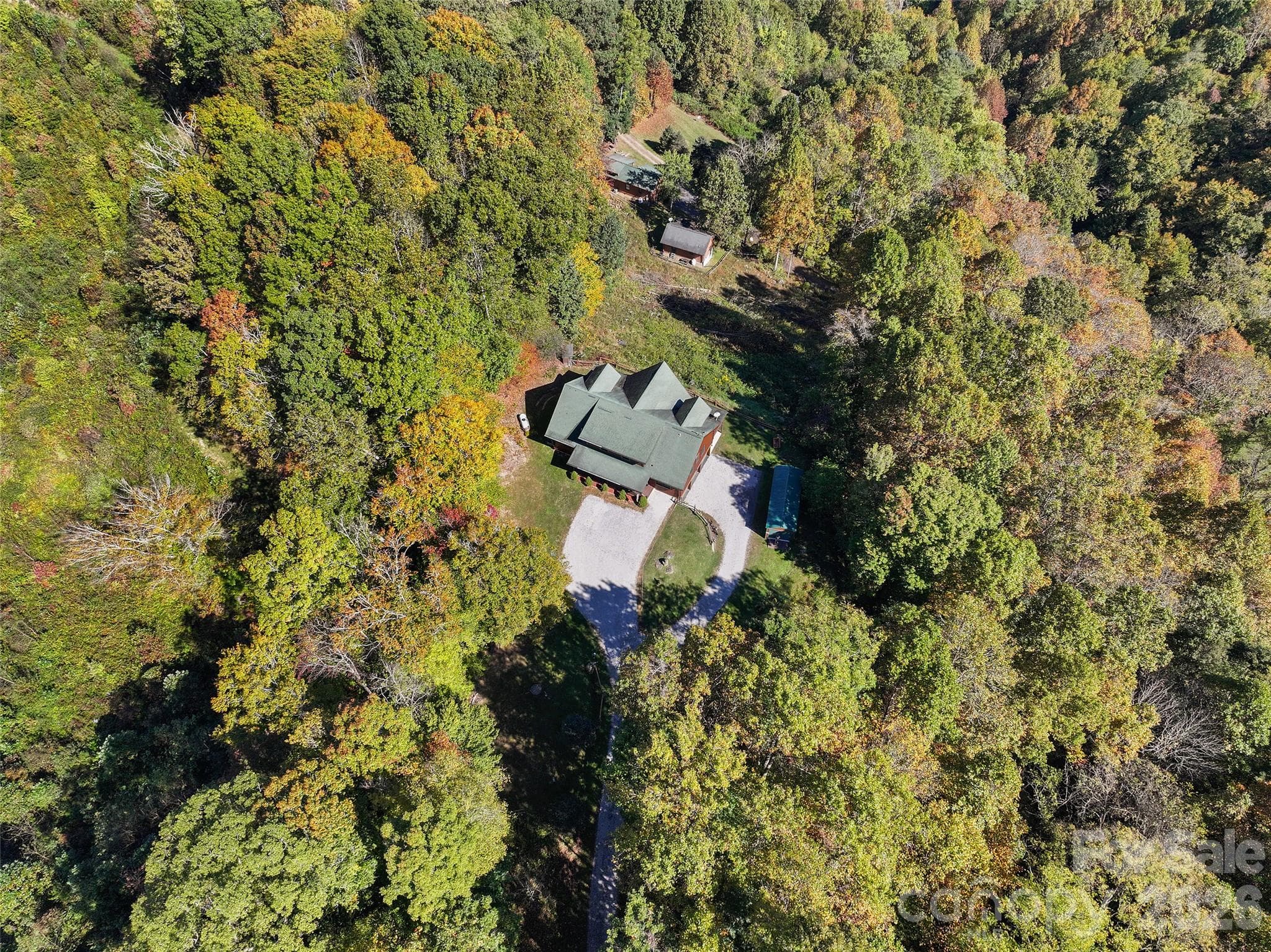Overhead view of the home nestled within its wooded acreage. - 124 Borges Lane, Waynesville