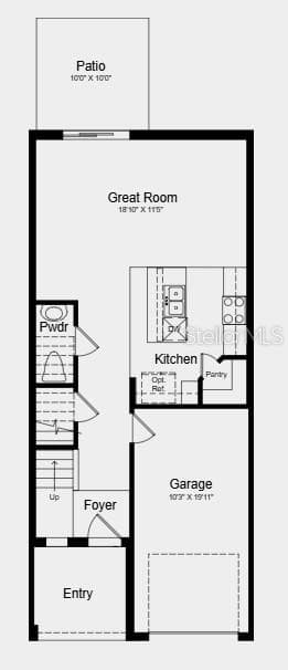 First Floor Plan - Additional Highlights Include: refrigerator, washer and dryer, extended LVP flooring at first floor, whole house blinds, and vertical blinds at sliding door - 559 MOONSTONE CT, GROVELAND