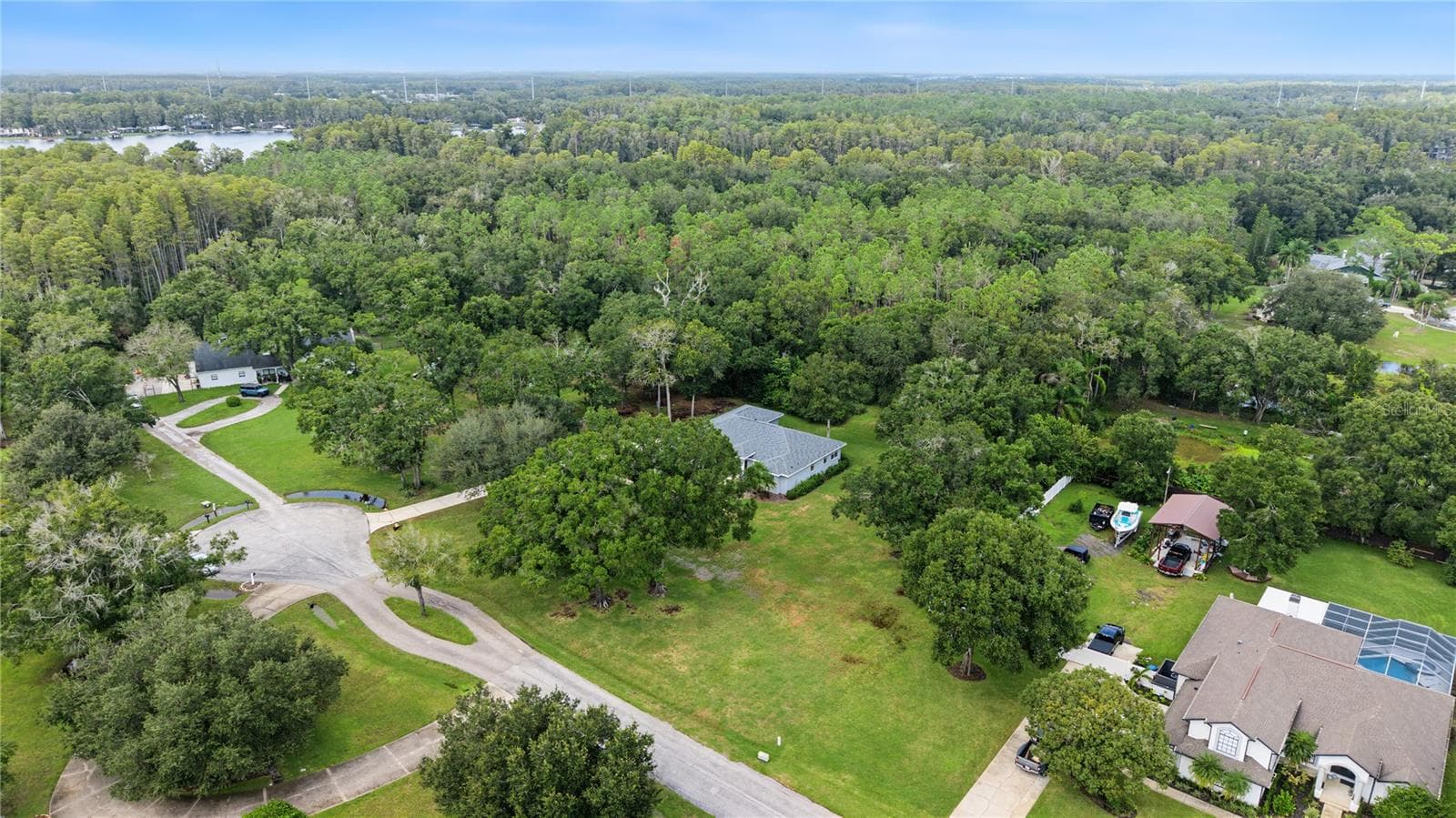 Drone overview of property in the cul de sac. - 915 LAKE THOMAS LN, LUTZ