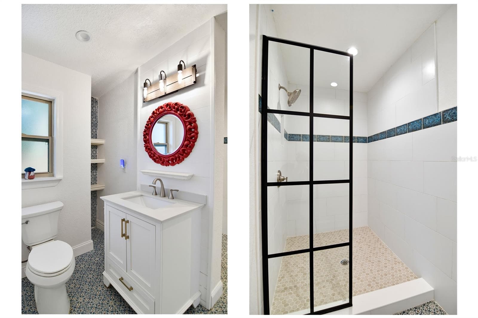 Updated downstairs bathroom with modern vanity and glass-enclosed shower. - 1611 CHESTNUT AVE, WINTER PARK