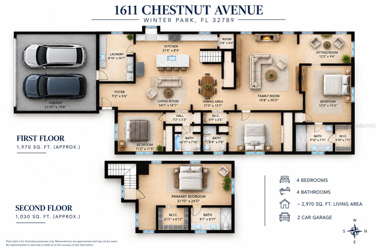 Illustrated two-story floor plan showcasing the home's spacious and versatile layout. - 1611 CHESTNUT AVE, WINTER PARK