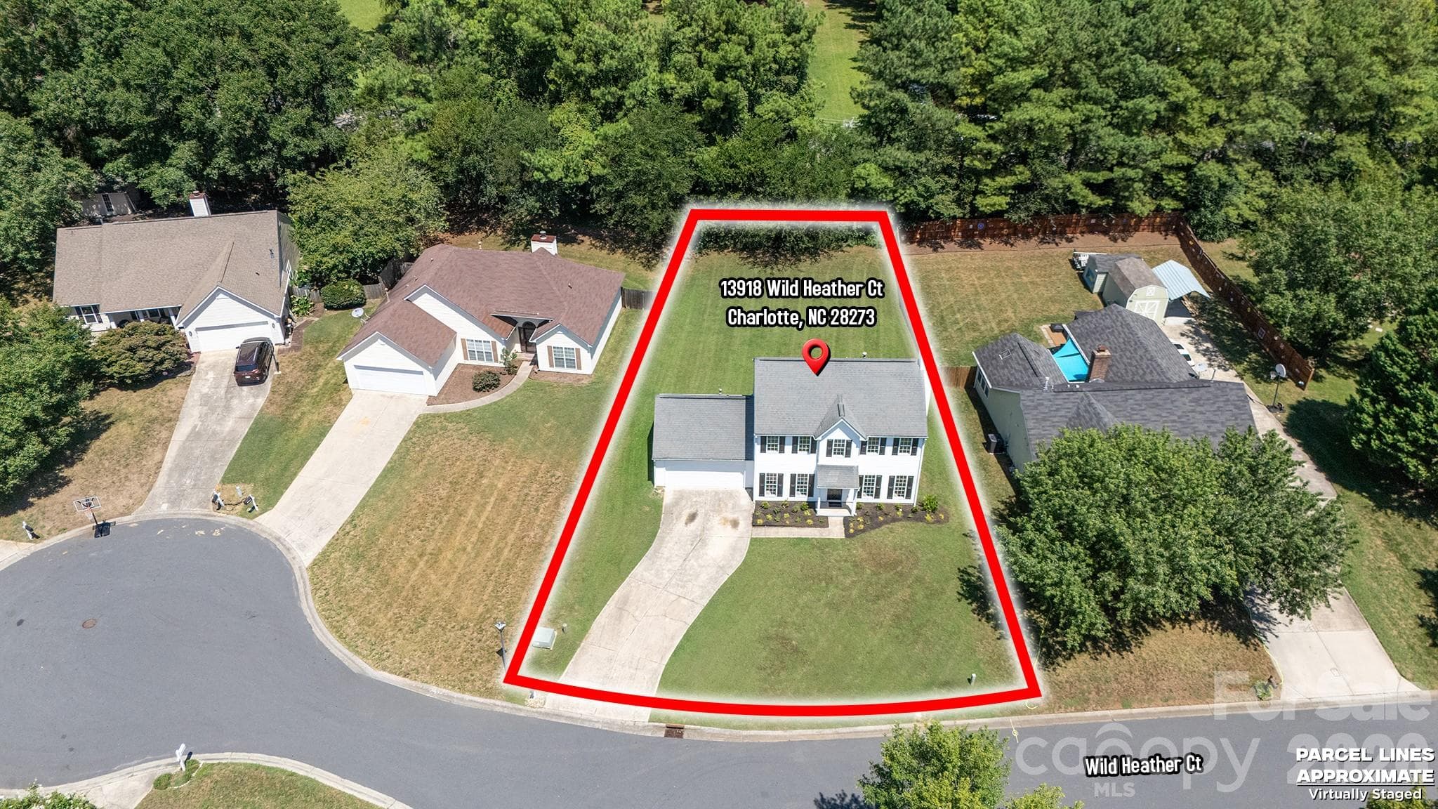 Aerial View of Lot with Approximate Lot Lines - 13918 Wild Heather Court, Charlotte