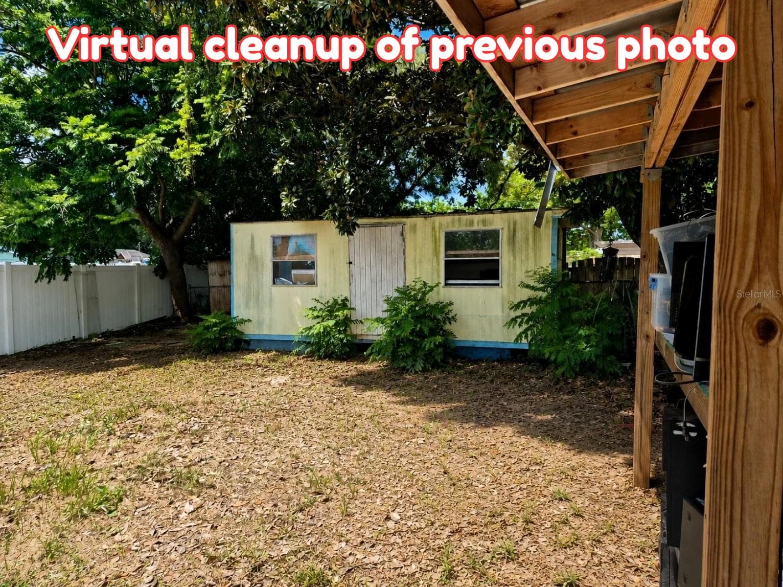 Backyard with storage/office virtually enhanced to show potential. - 4007 FLAMINGO DR, NEW PORT RICHEY