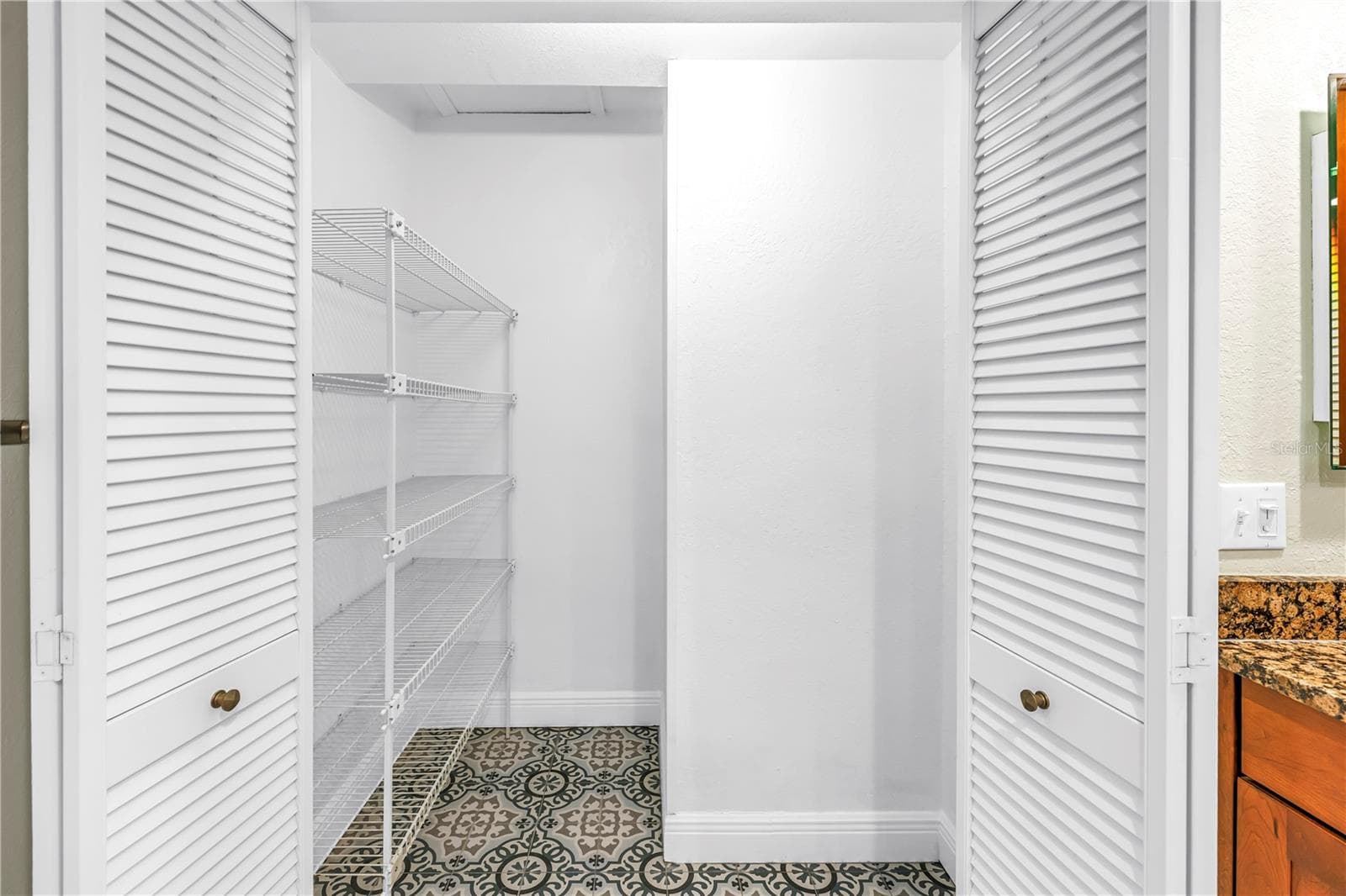 The primary suite features an expansive walk-in linen closet, updated with flooring that matches the primary bath floor. - 146 GIRALDA BLVD NE, ST PETERSBURG