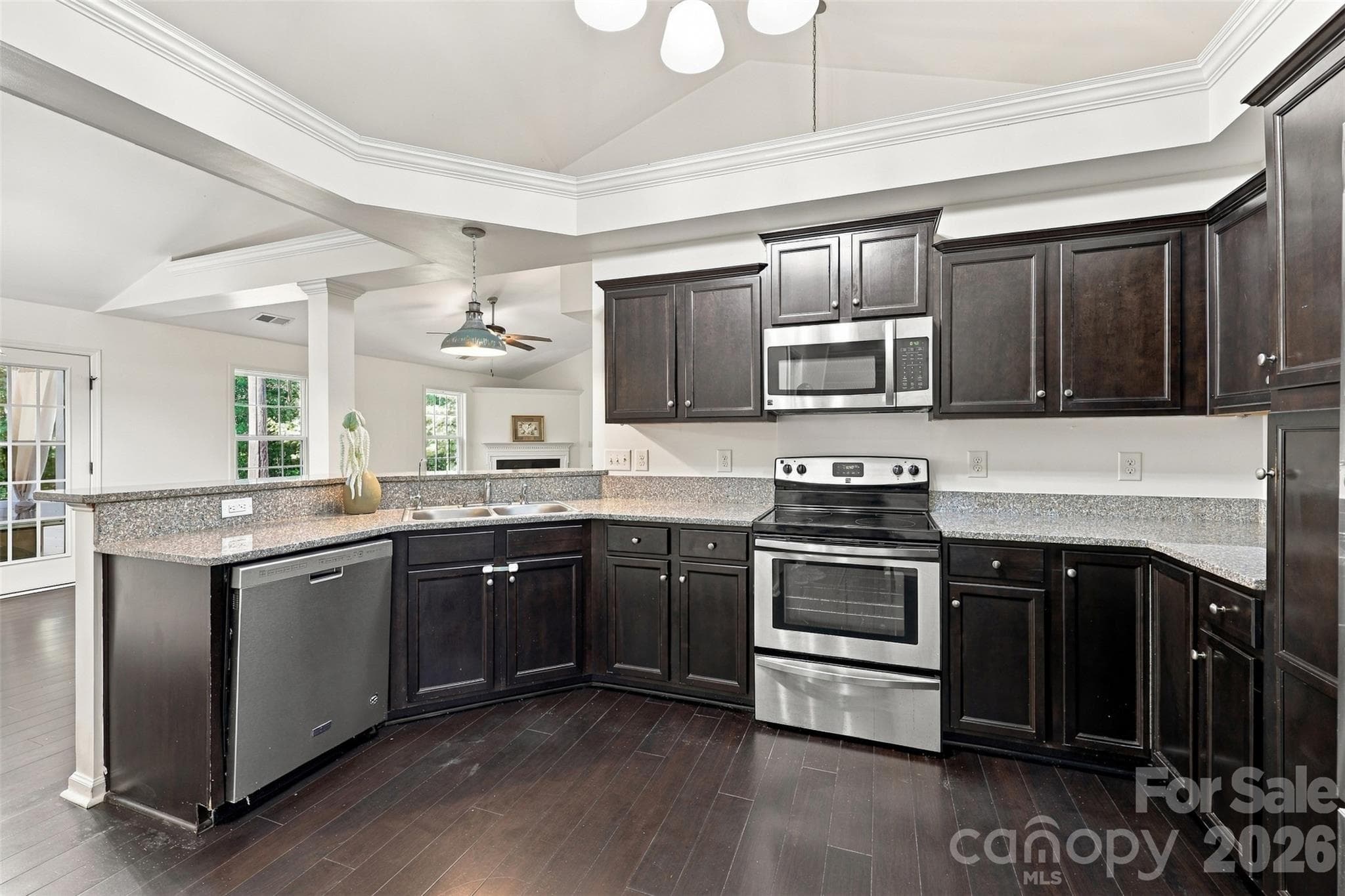 Kitchin with granite countertops, vaulted ceiling and dark walnut cabinets - 123 Sherham Way, Rock Hill