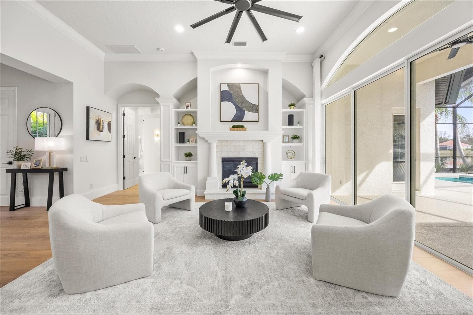 Living Room, Gas Fireplace, Built-ins and White Oak Engineered Wood Flooring - 6922 STANHOPE PL, UNIVERSITY PARK