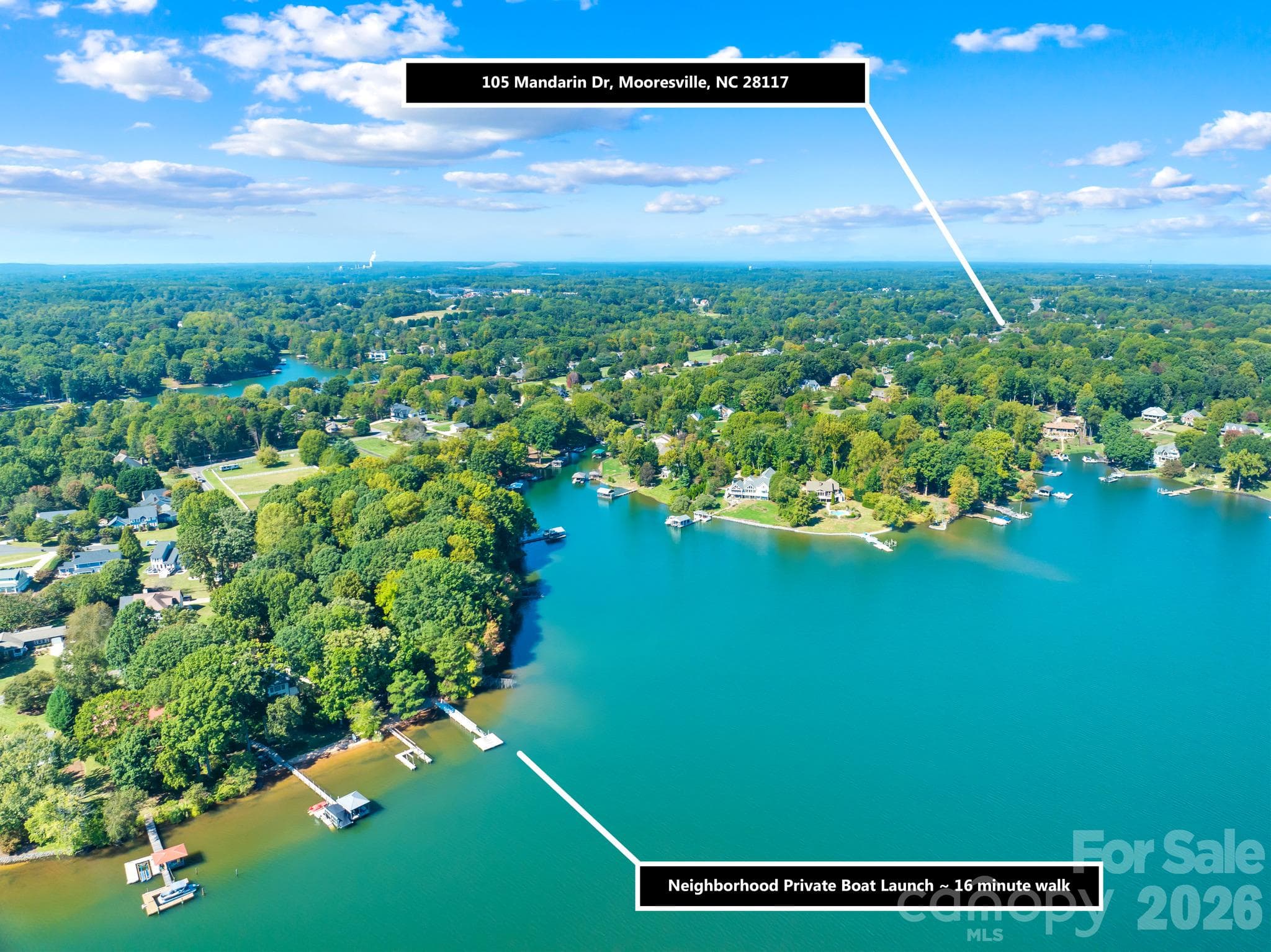 Aerial View from House to Neighborhood Boat Launch - 105 Mandarin Drive, Mooresville