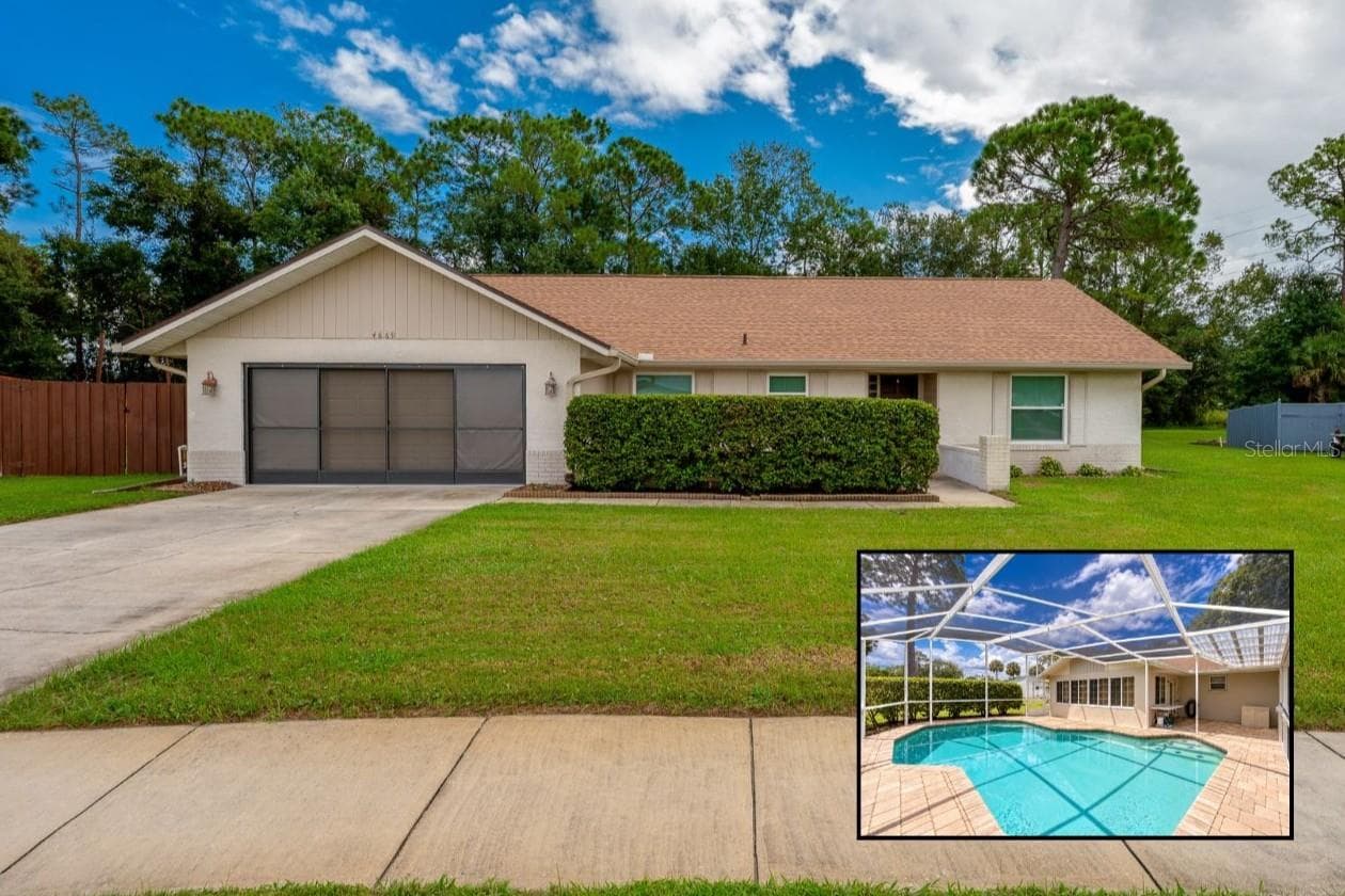 Single-story home with an attached two-car garage, spacious driveway, mature landscaping, and a well-maintained lawn, with an inset view showcasing the screened-in swimming pool and outdoor living area. - 4669 SECRET RIVER TRL, PORT ORANGE