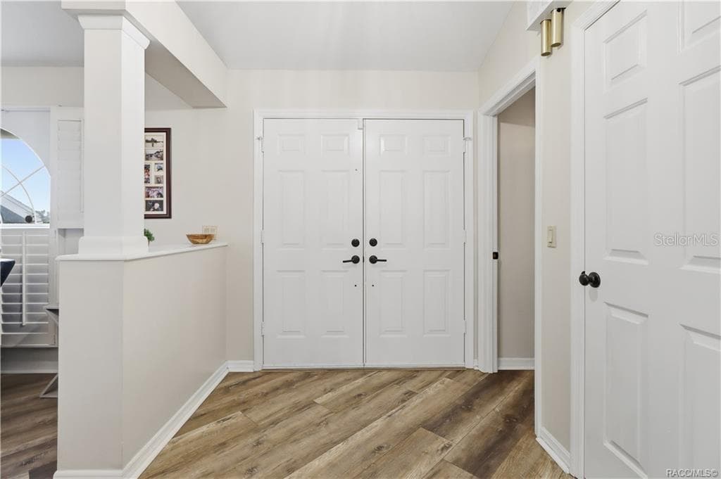 WELCOMING FOYER- Bright entry foyer featuring double doors, newer luxury vinyl flooring & an open transition into the main living areas. - 1436 N CHERRY POP DR, HERNANDO