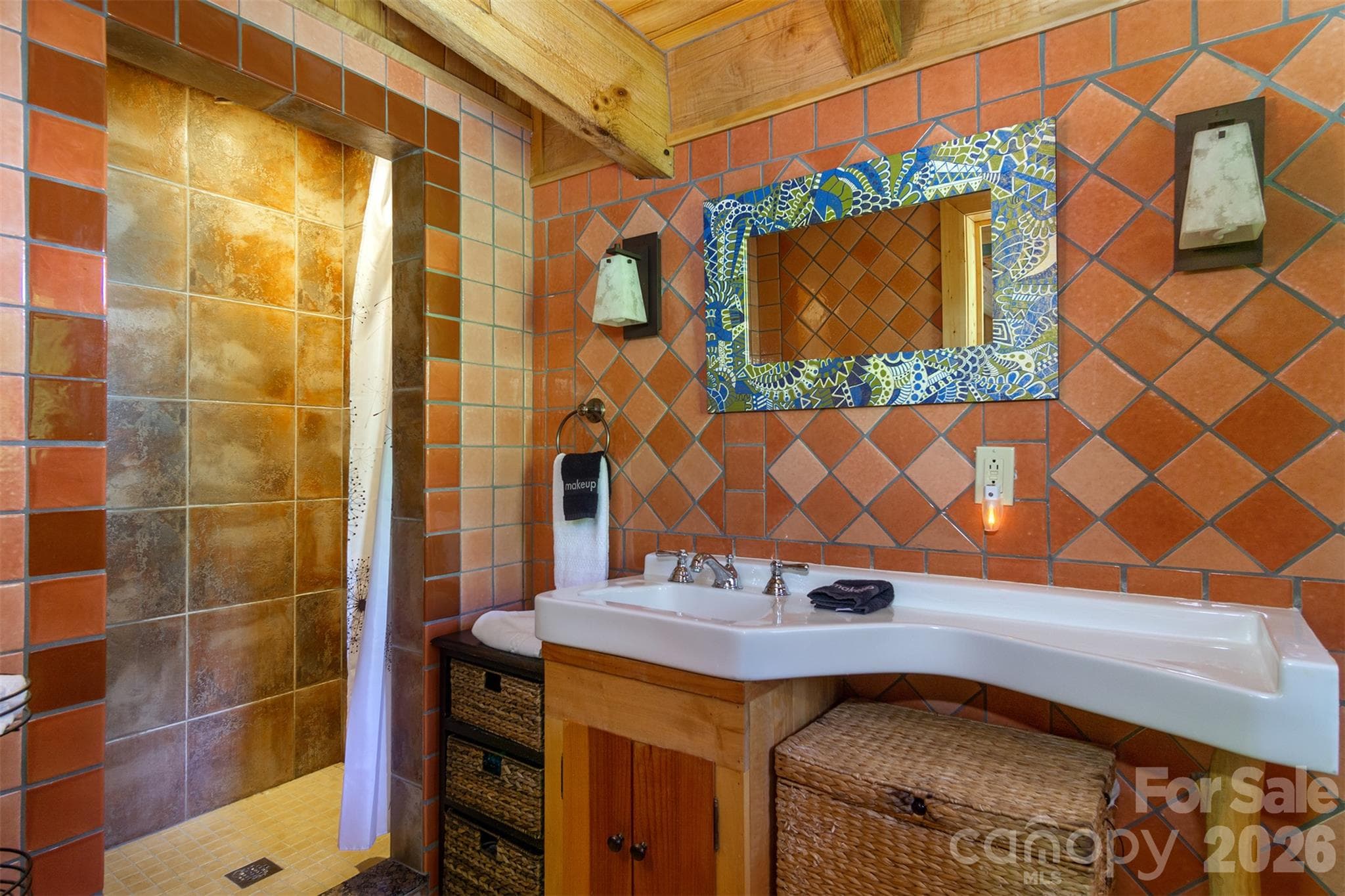 Master bathroom with walk in shower and custom wood and tile. - 171 Camp Elliott Road, Black Mountain