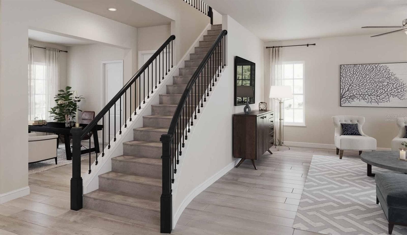 Marco Floorplan Great Room, Staircase and Dining Room (Virtually Staged) - 1773 SALTWATER BND, CELEBRATION