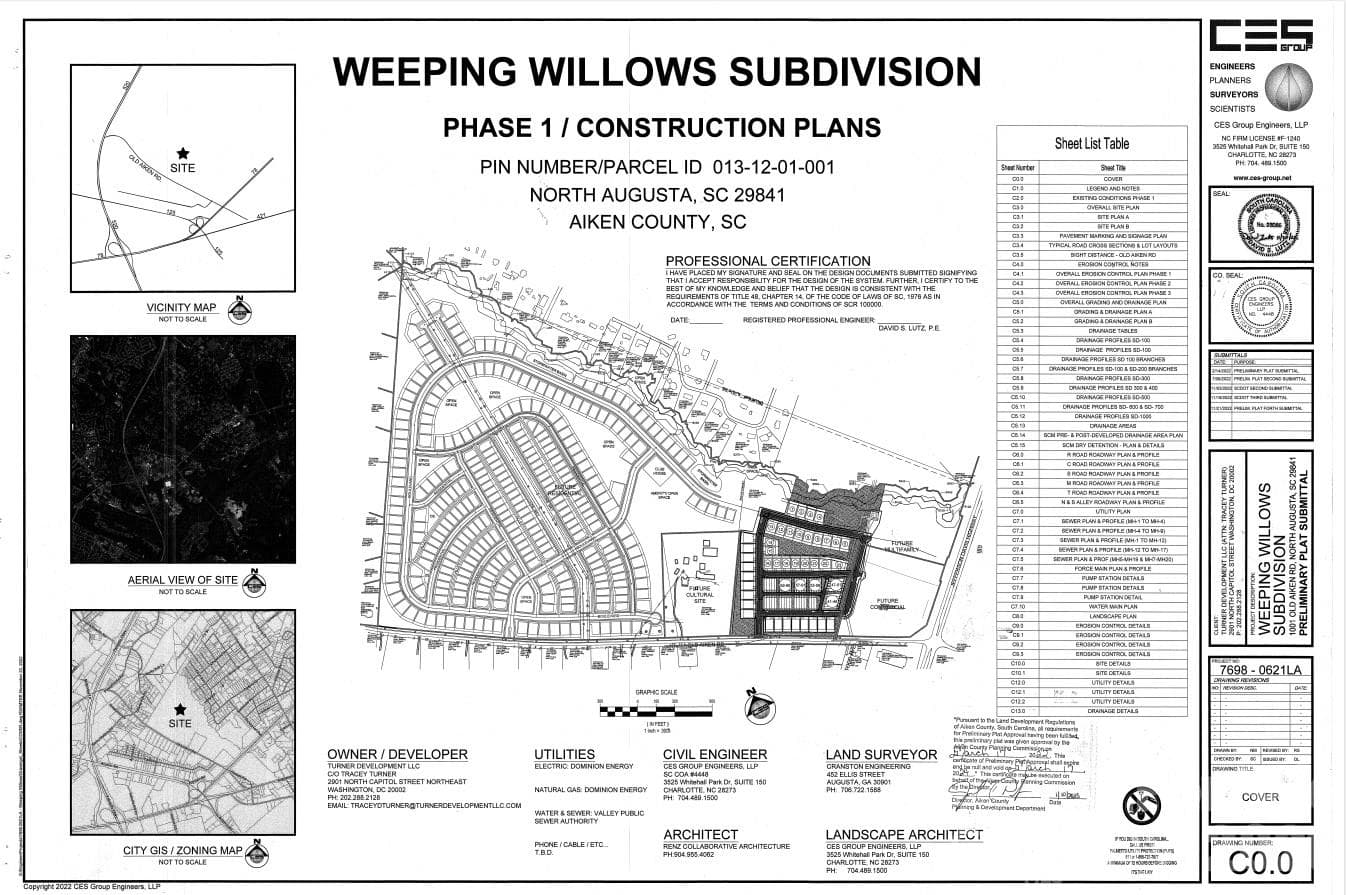 Cover sheet of the sealed Phase 1 construction plans by CES Group (2022). - 1001 Old Aiken Road, North Augusta