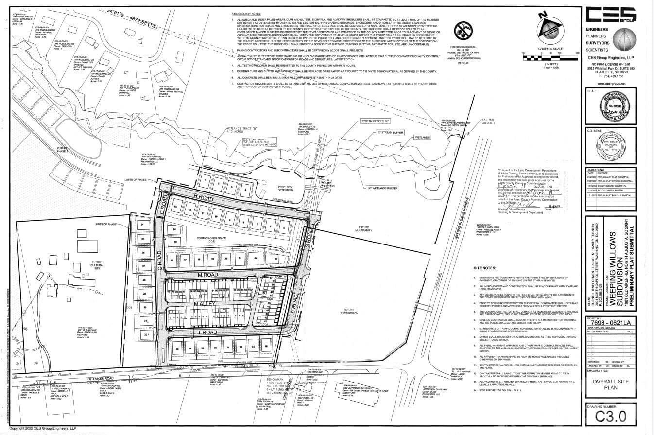 Phase 1 overall site plan (CES Group, 2022) with 89 lots near Old Aiken Rd. The areas marked future multifamily and commercial near US 1 extend onto an adjoining parcel not in the sale. - 1001 Old Aiken Road, North Augusta