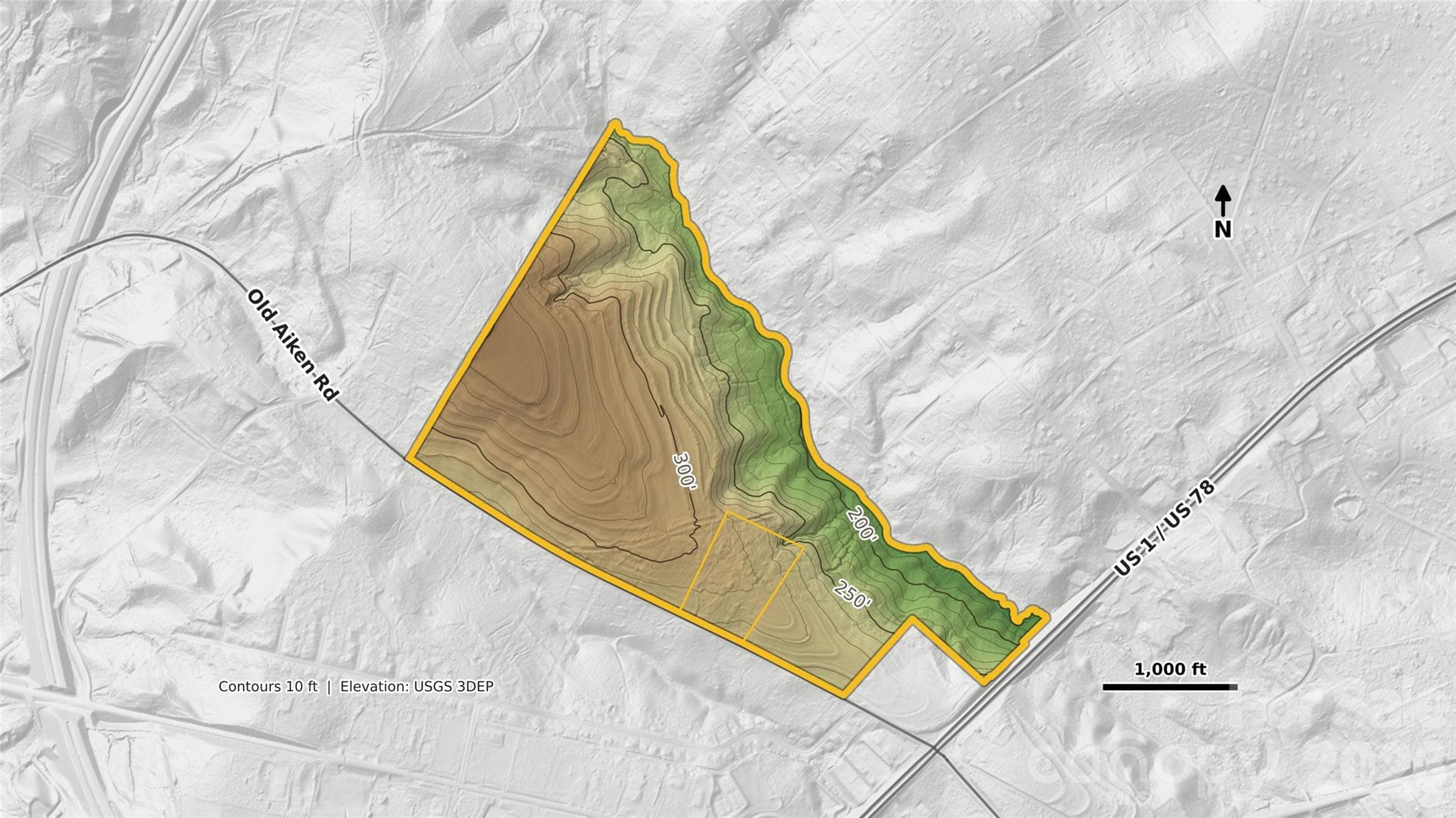Topographic map (10-foot contours, USGS 3DEP). The land falls from about 300 feet in the west to about 200 feet along the stream on the eastern edge. - 1001 Old Aiken Road, North Augusta