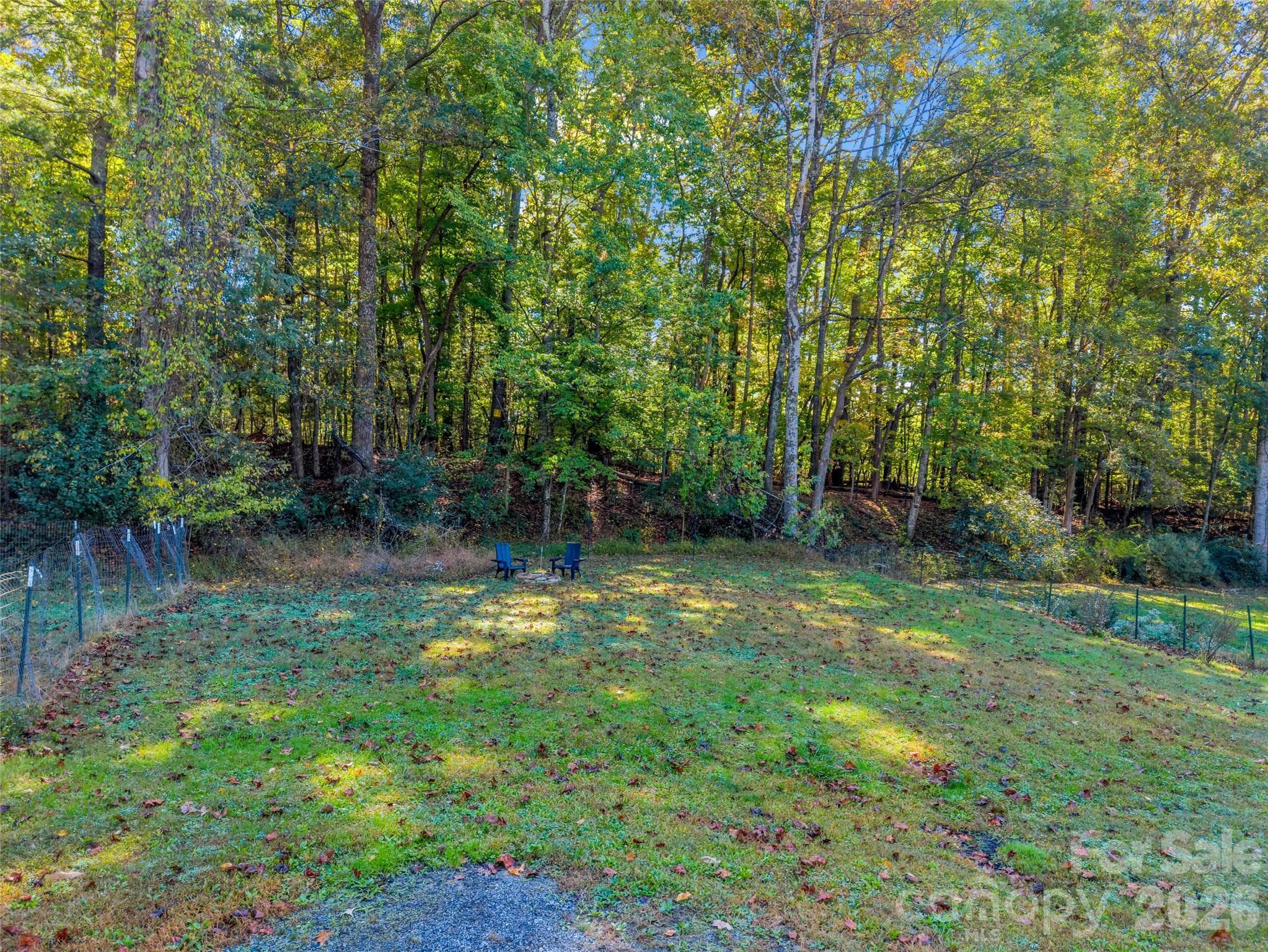 Outdoor space with a fire pit amongst a backdrop of mature trees. - 913 Dorothy Street, Hendersonville