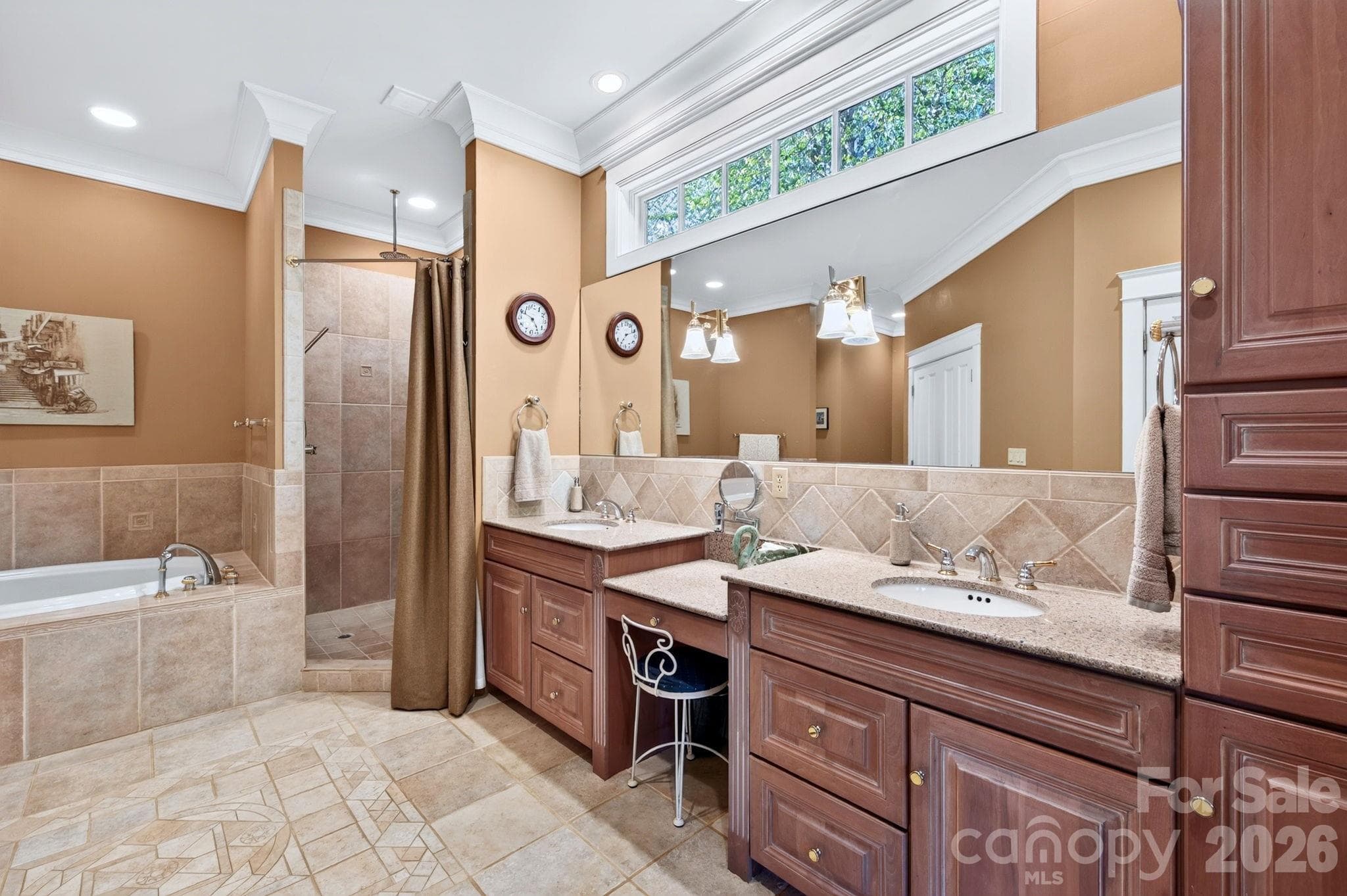 Ensuite Full Bath with Quartz-Topped Double Vanity with Makeup Desk and Tiled, Walk-In Shower - 211 South Plains Drive, Asheville