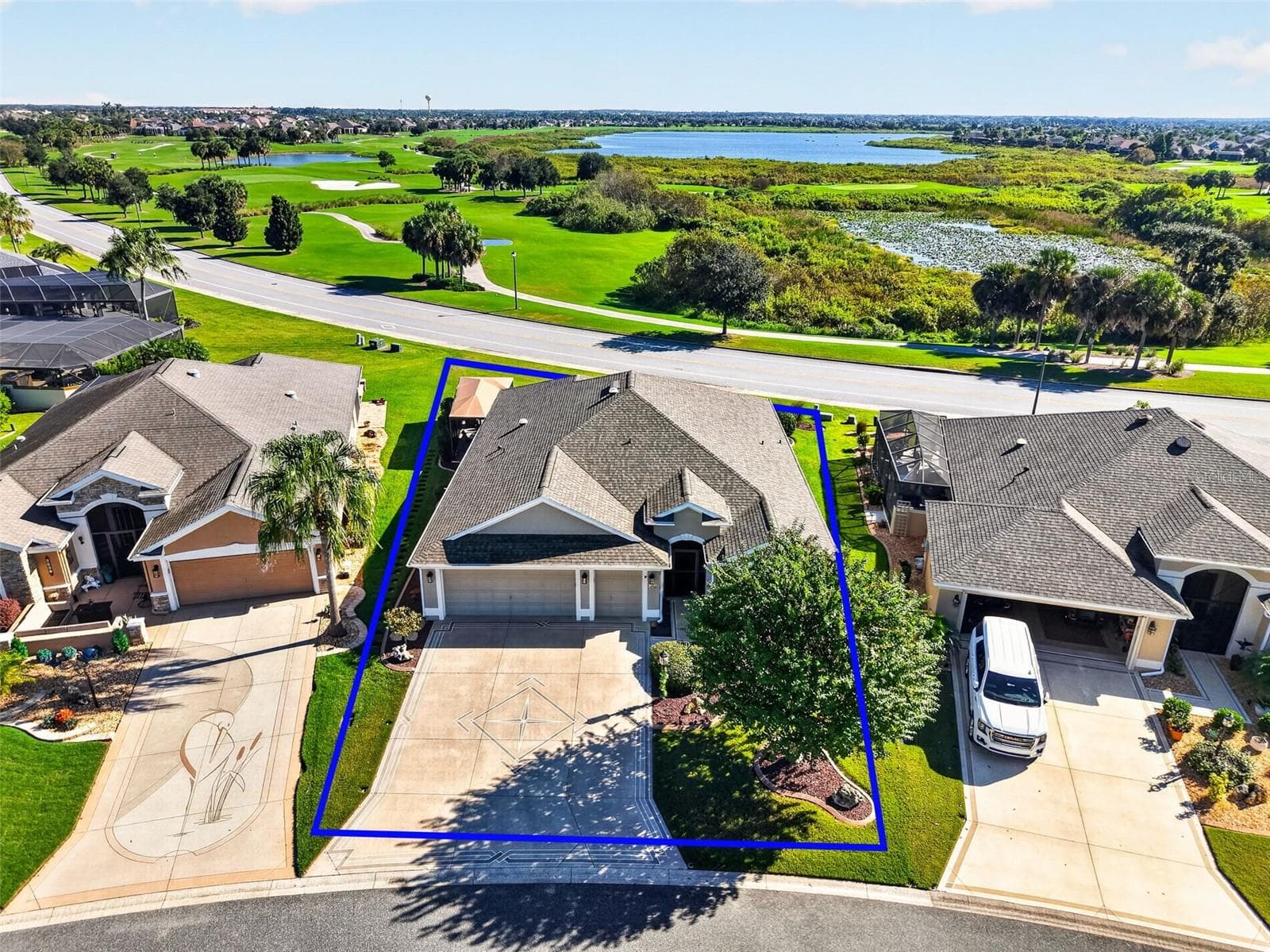 Aerial Front Elevation with Property Lines and Golf and Water Views - 3323 KELVINGTON RD, THE VILLAGES