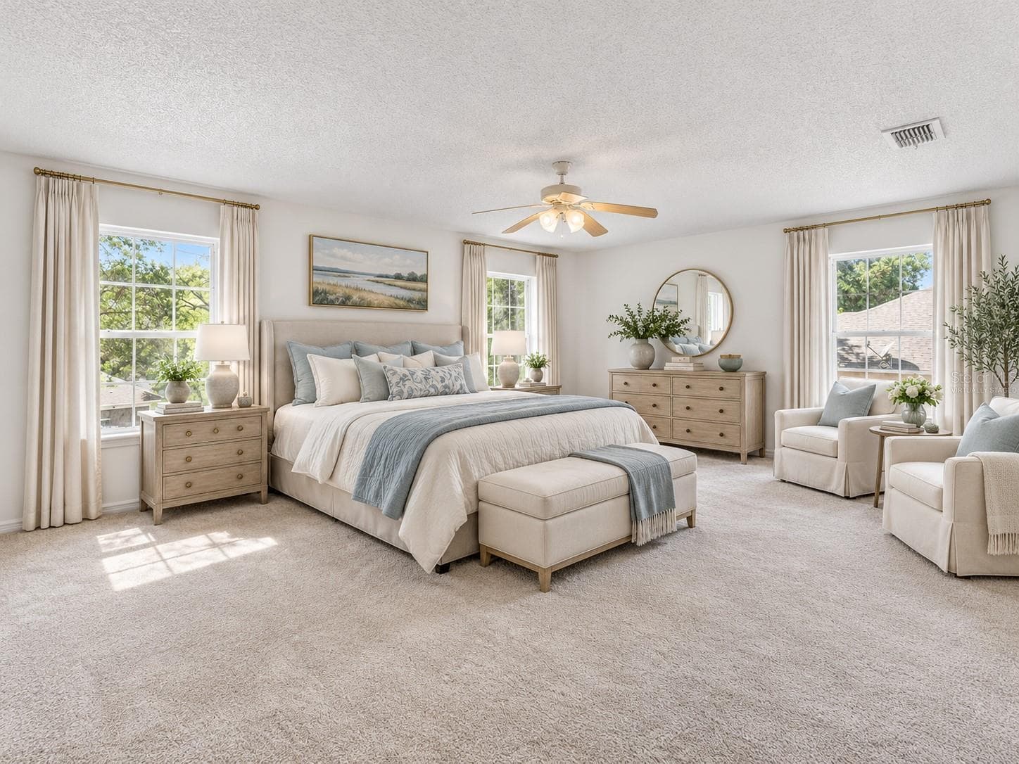 Large master bedroom with en-suite bath and two walk-in closets. Virtually staged in the Nancy Meyers style here for the full effect! - 1305 WINDY BLUFF DR, MINNEOLA