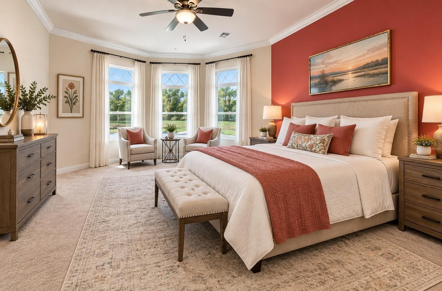 Virtually staged primary bedroom. - 1301 FOX CHAPEL DR, LUTZ