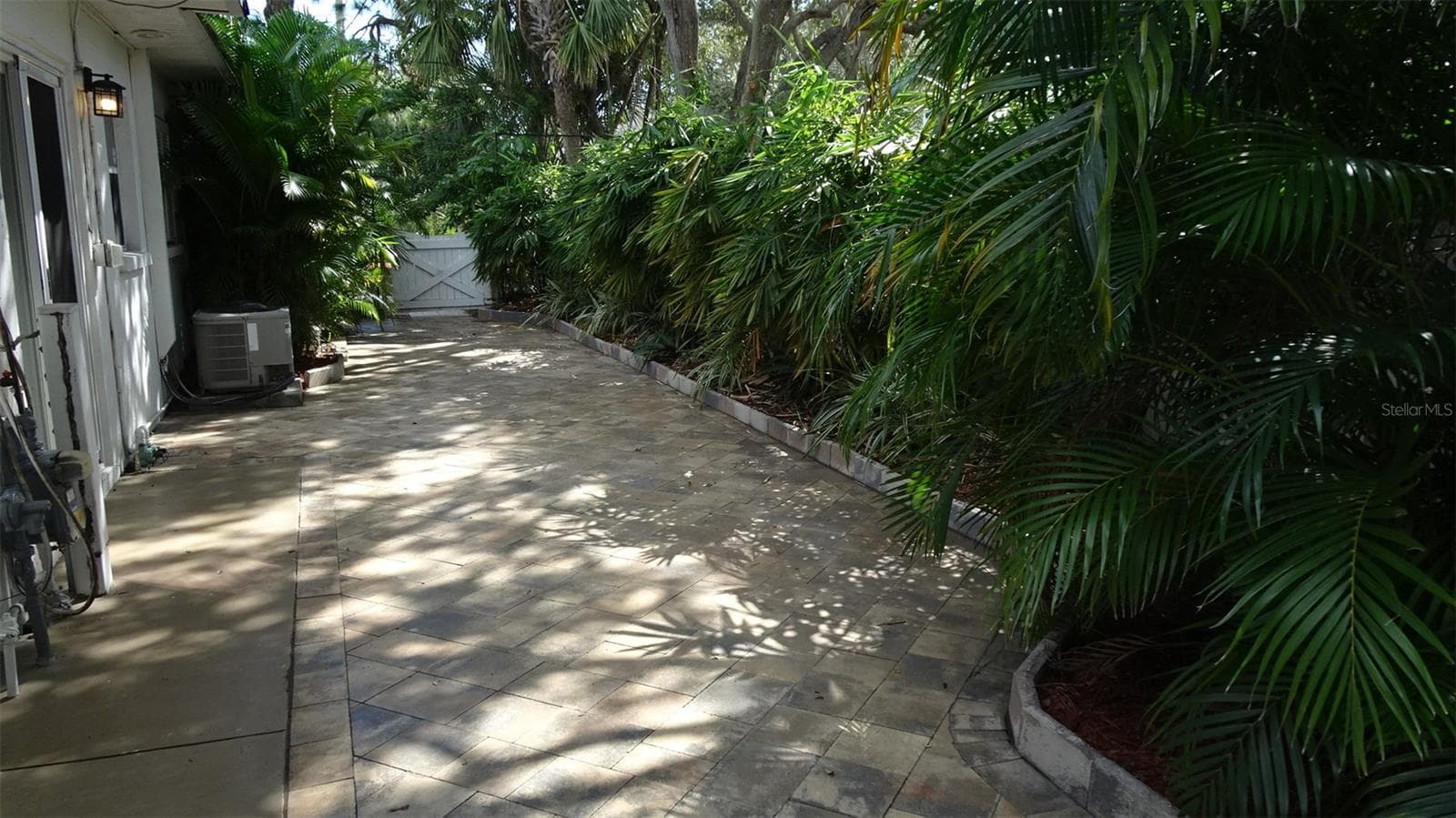 Current view of 45 foot rear patio. Concrete wall behind the palm trees. Gated at far end. - 7800 38TH TER N, ST PETERSBURG