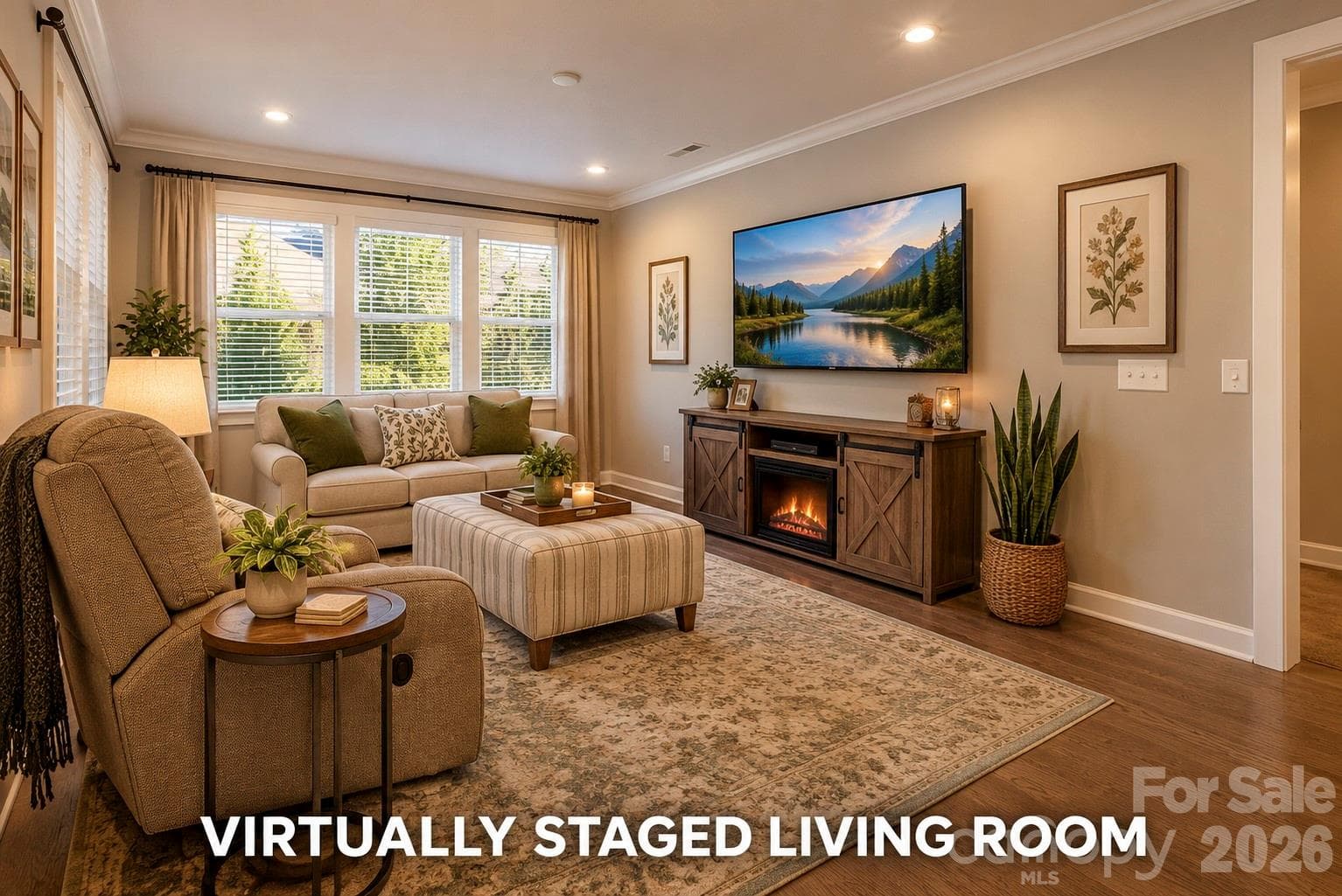 Virtually Staged Living Room open to Kitchen - 3232 Marchers Trace Drive, Mint Hill
