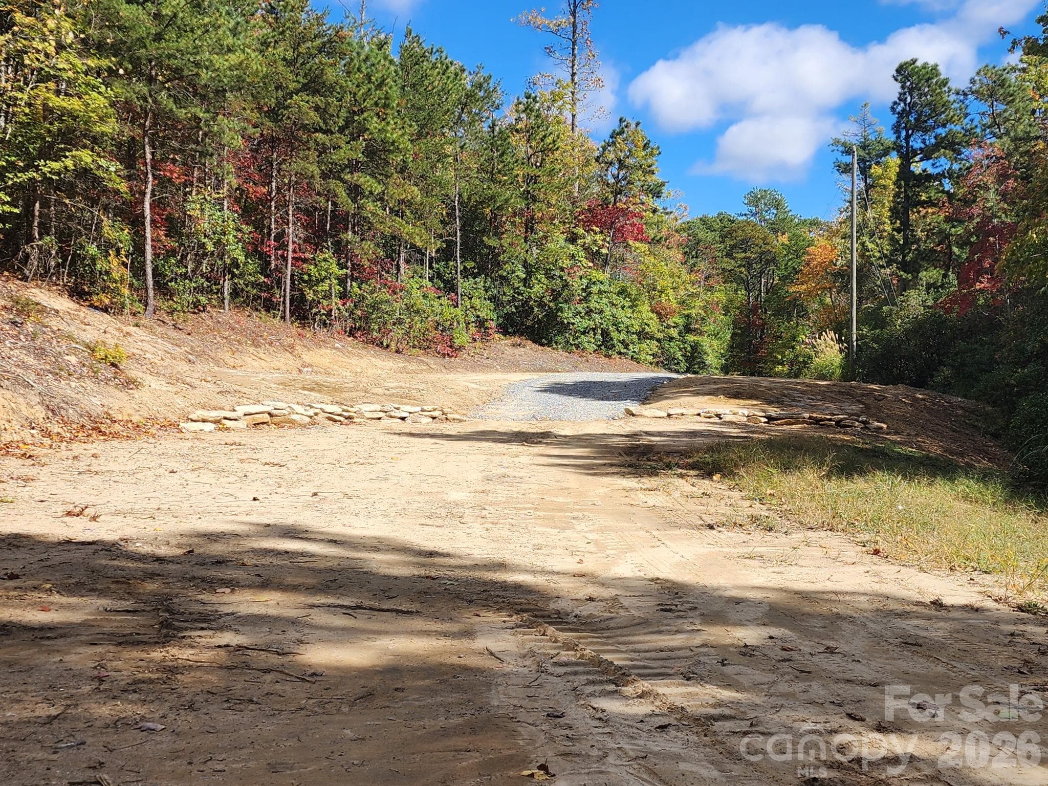 Recently graded driveway area with gravel improvements, surrounded by mature trees and natural mountain landscaping. - 000 Bulling Creek Road, Penrose