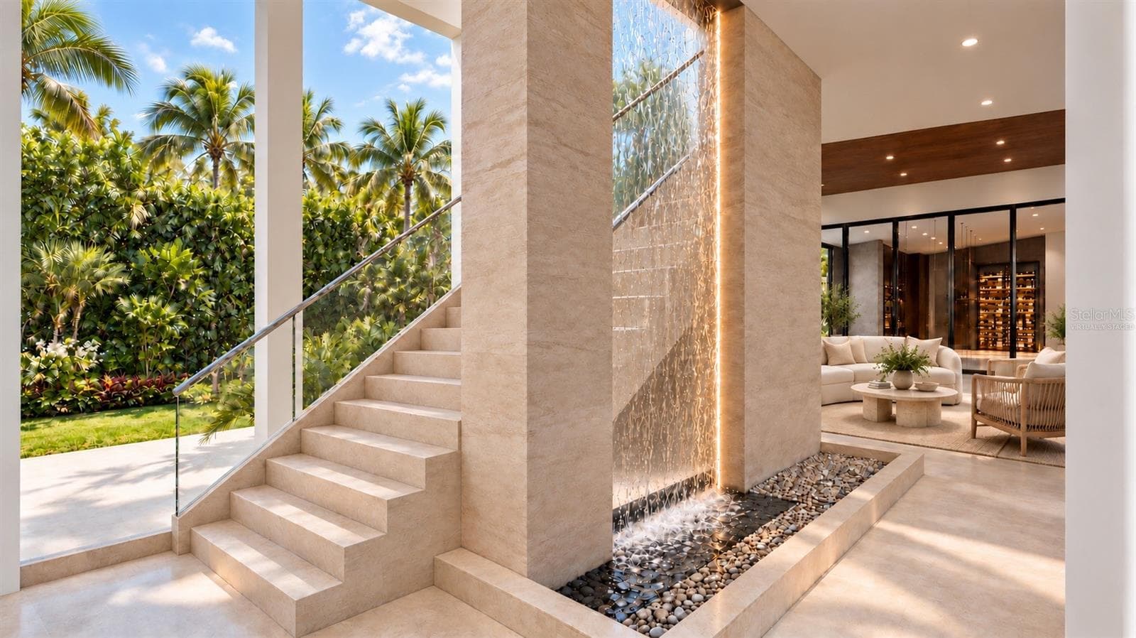 Waterfall feature and stairs to the rooftop deck. Virtually staged. - 4050 HIGEL AVE, SARASOTA