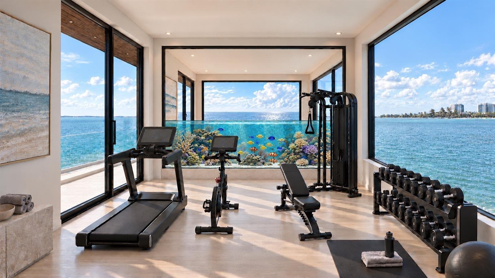 Fitness room, with aquarium. Virtually staged. - 4050 HIGEL AVE, SARASOTA