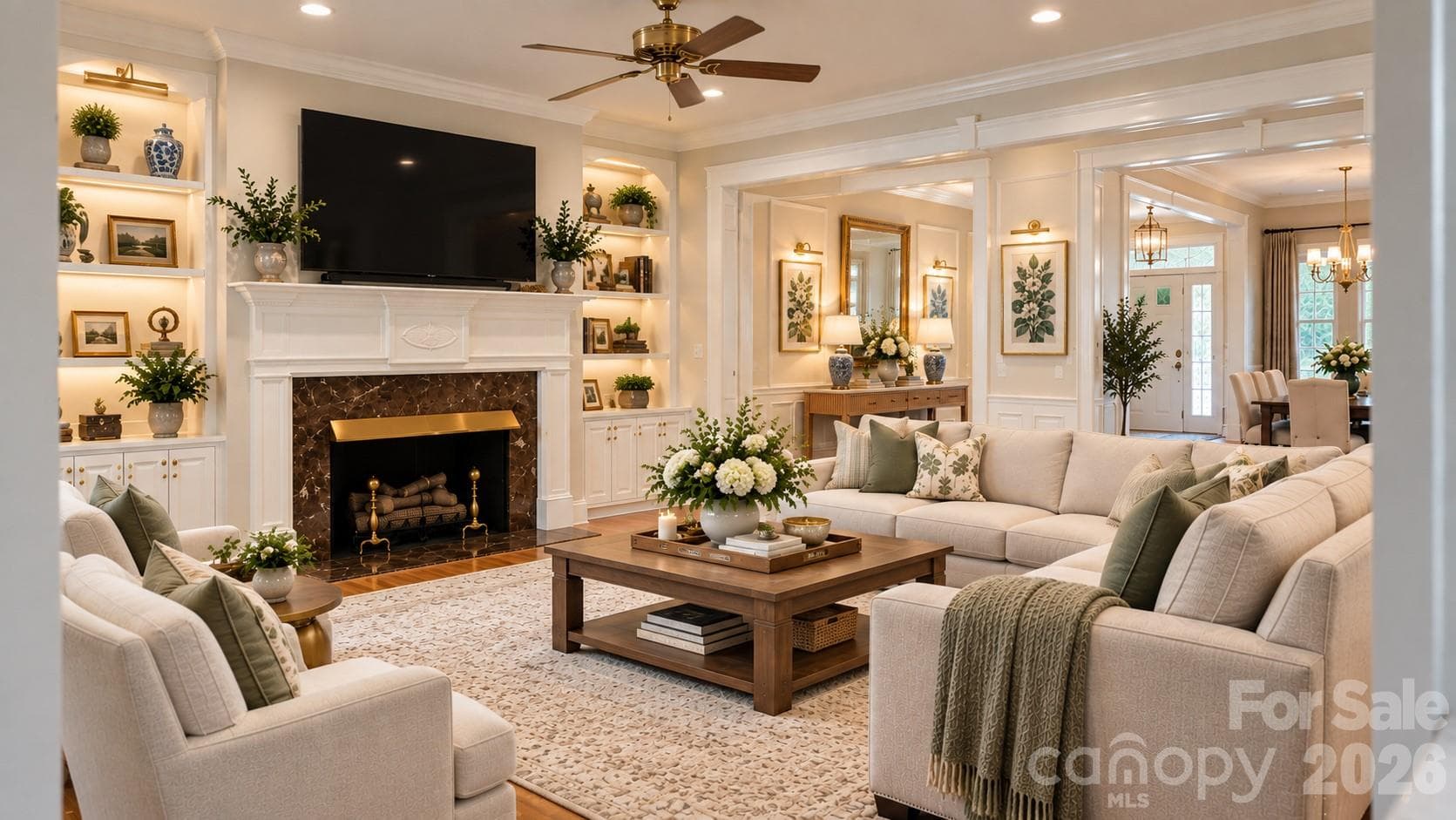 Digitally Staged LIVING ROOM; simple idea of adding lights to the exsisting built-ins. - 5480 Glen Forest Drive, Charlotte