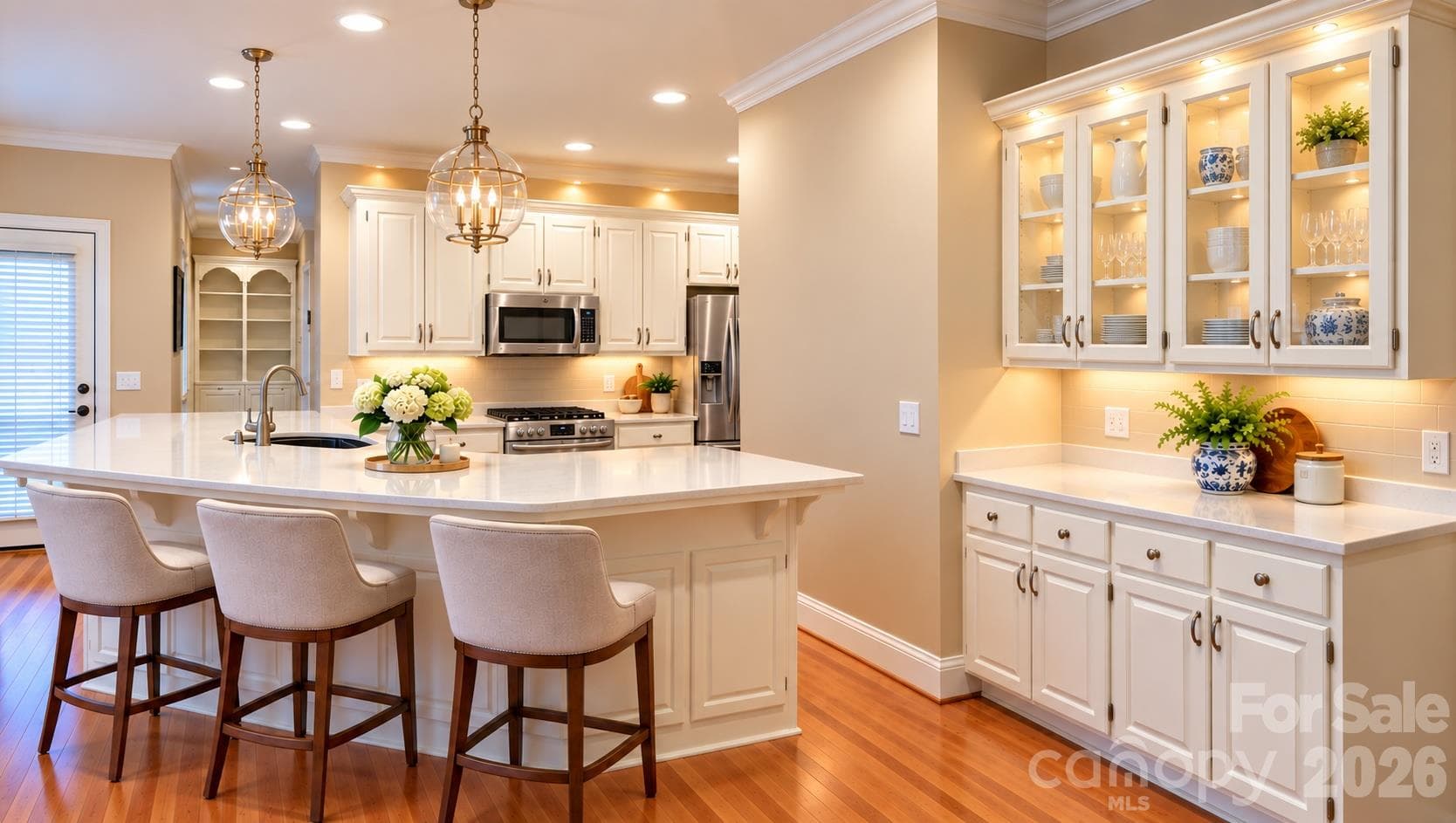 Digitally Staged Kitchen: suggesting a larger peninsula to fit 3 stools. Simply add your pendant lights to the existing fixtures, Add under cabinet lights, change to your liking the counter top. And if Oak is not your wished cabinet color then simply paint them. Why not then go Stainless Steel Appliances too? - 5480 Glen Forest Drive, Charlotte