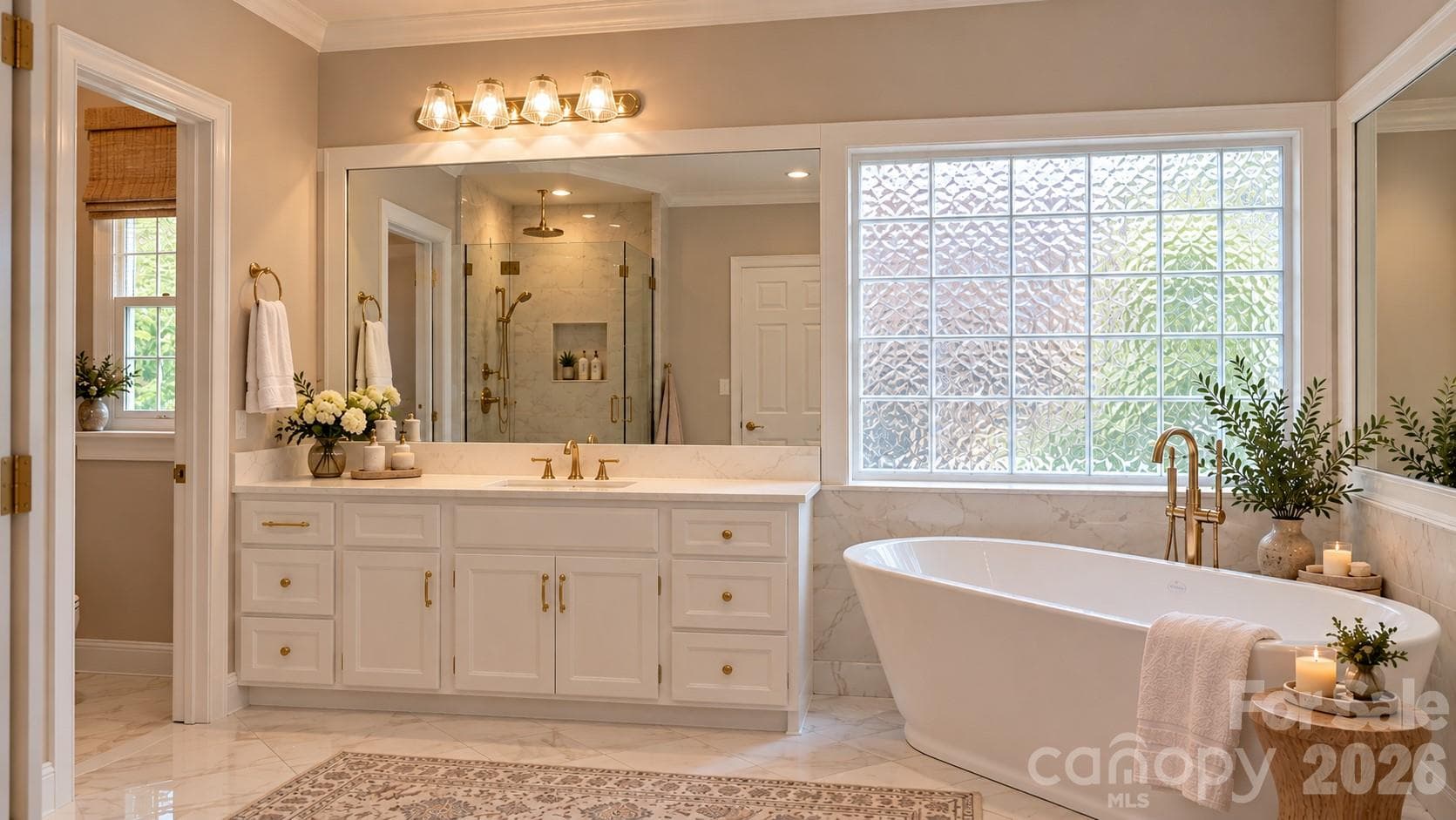 DIGITALLY DESIGNED Primary Bathroom remodel idea: simply by exchanging the tub and closing the vanity seating area. - 5480 Glen Forest Drive, Charlotte