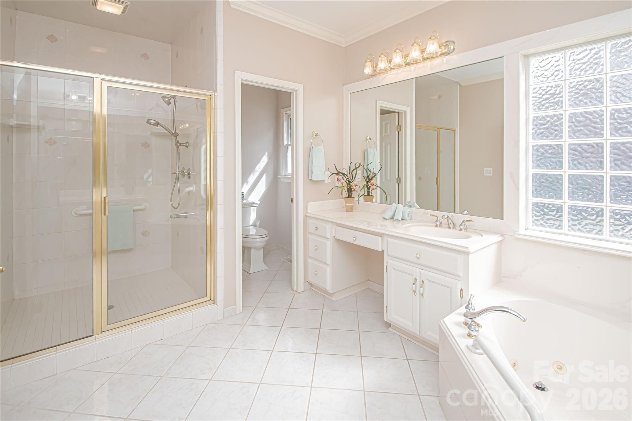 PRIMARY BATH: WC closet freshly painted 10/26, Tiled shower walls with safety bars. - 5480 Glen Forest Drive, Charlotte