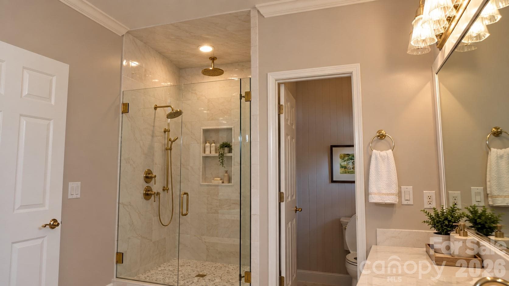 Digitally Designed Primary Shower remodel idea: frameless shower doors, a second shower head and a wall storage cut-out. - 5480 Glen Forest Drive, Charlotte