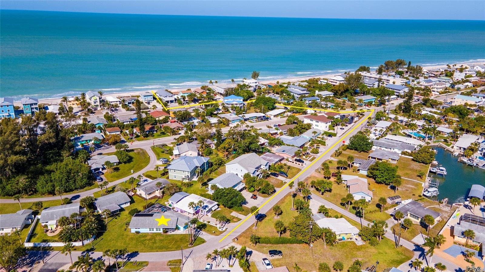 Aerial shows platted beach access. Photo was taken prior to 2024 hurricanes. - 1280 HOLIDAY DR, ENGLEWOOD