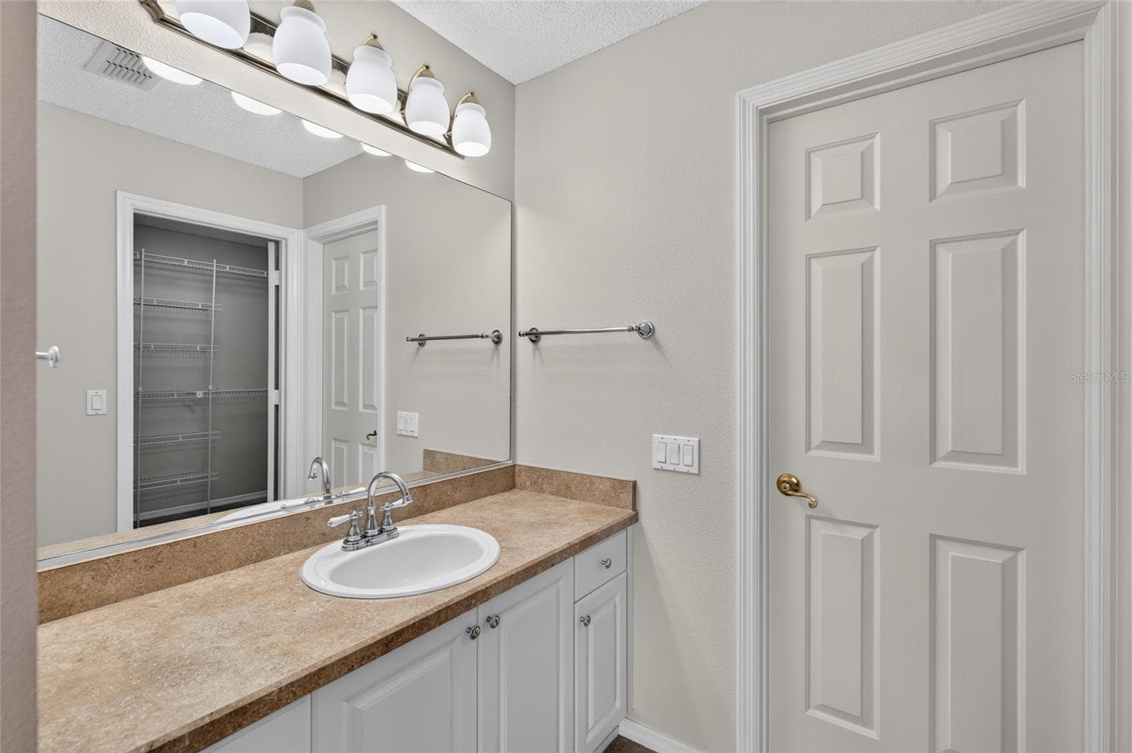 PRIMARY ENSUITE BATHROOM - Single-sink vanity with counter space, a large mirror and over the vanity  lighting. Note closed door on R which leads to private shower & toilet. - 2124 ESCOBAR AVE, THE VILLAGES