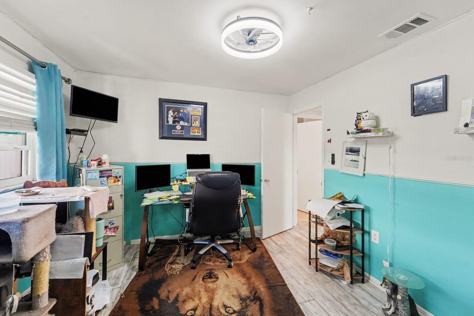 Home Office Space with Dual Workstations, Turquoise Accent Walls & Organized Storage - 8431 REDFIELD DR, PORT RICHEY