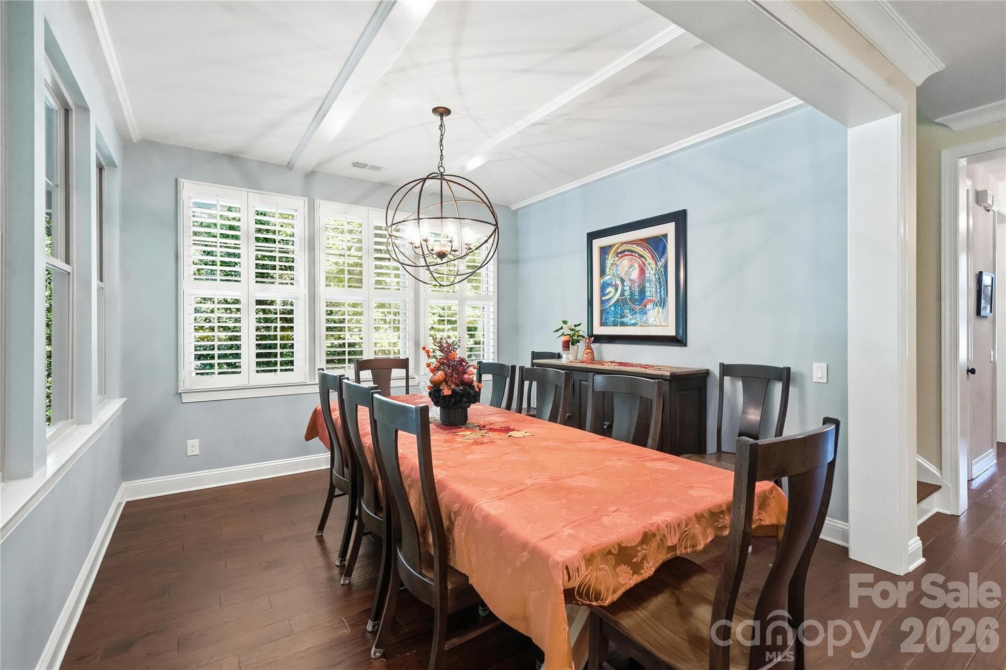 Dining room with ample natural light and beamed Ceilings - 13632 Castleford Drive, Mint Hill