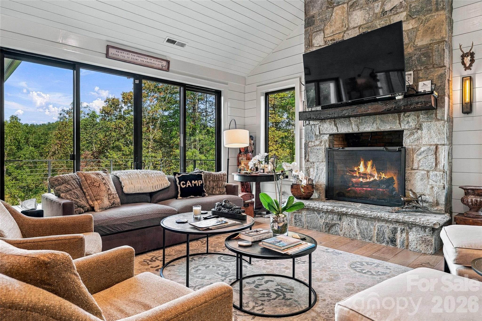 Living room with views and true masonry fireplace - 108 Wolf Shoals Drive, Hendersonville